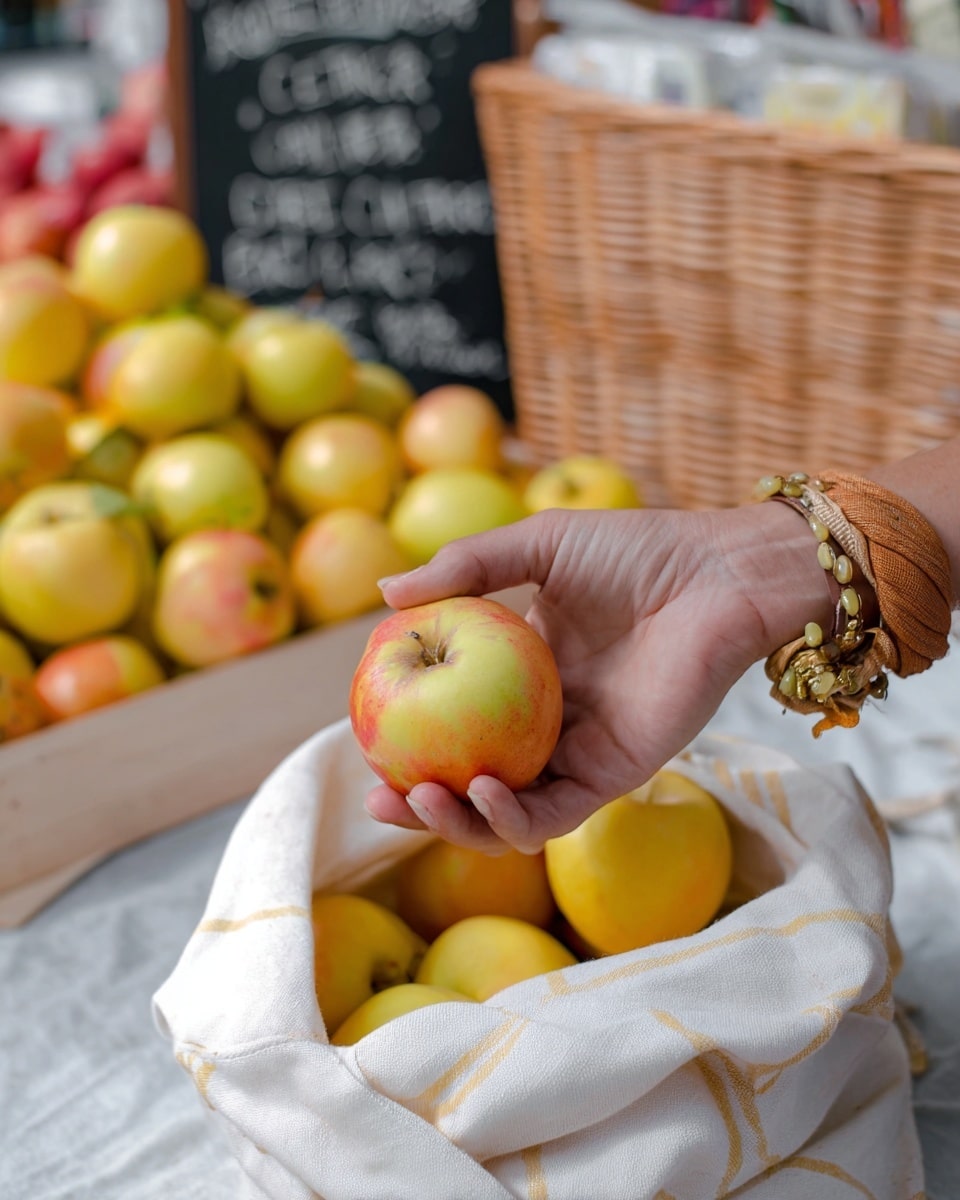 A close-up image shows a woman's hand holding a shiny yellow and red apple above a white cloth bag filled with more apples of similar color. The woman's wrist is adorned with a bracelet made of gold beads and a brown cloth. Surrounding the bag are many more apples, all yellow with hints of red, sitting in a box. In the background, there is a slightly blurred chalkboard with white writing about cider prices and a wicker basket on a white marbled surface. Photo taken with an iphone --ar 4:5 --v 7