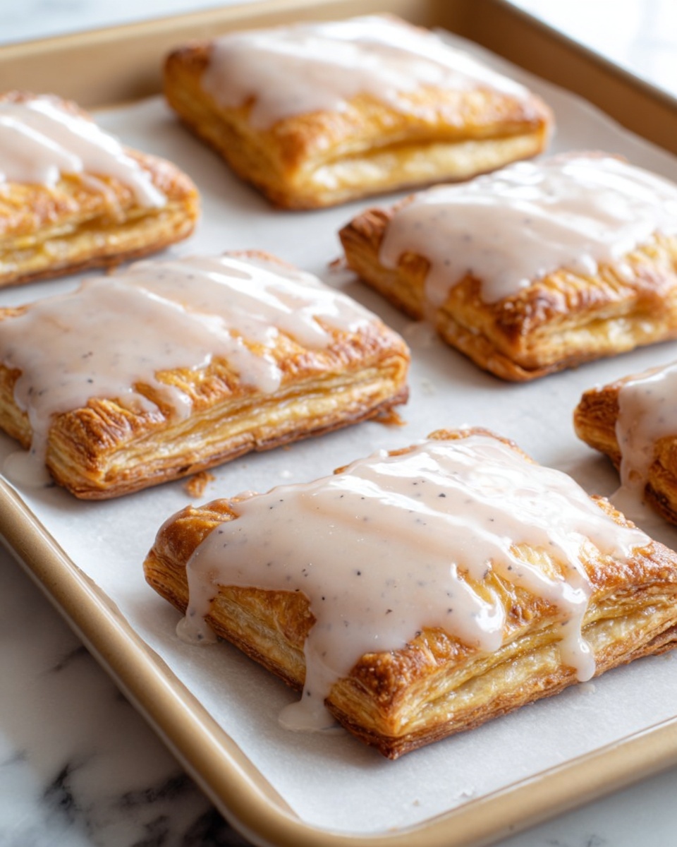 The image shows several rectangular pastries arranged on a white baking sheet with white parchment paper. Each pastry has a golden-brown, flaky crust with clear fork marks along the edges, creating a textured border. On top of each pastry is a generous layer of smooth, light beige icing with small darker specks, gently dripping over the edges. The background features a white marbled surface while the pastries sit in neat rows on the sheet. photo taken with an iphone --ar 4:5 --v 7