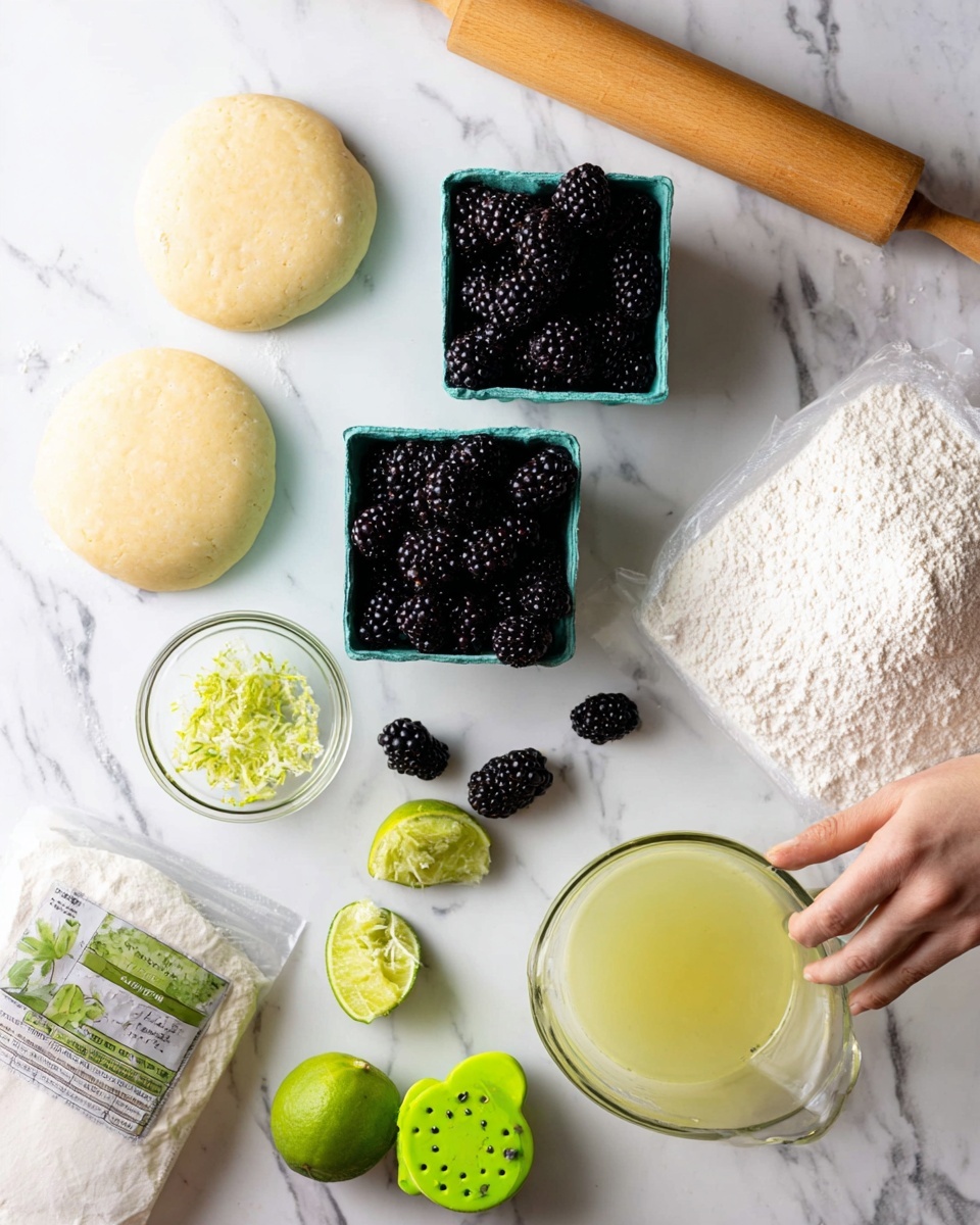 The image shows fresh ingredients for a blackberry dessert arranged on a white marbled surface. There are two dough rounds, pale yellow and smooth, positioned on the left side. Two small green containers filled with dark purple blackberries sit near the center, with a few berries scattered around. Near the bottom center, there is a small clear bowl with light green lemon zest and a half-cut lime beside it. Below, a bright green lime squeezer holds another lime half. A small clear bowl with pale yellow lemon juice is nearby. On the right side are two flour bags, one partially open, and a large clear bowl filled with white sugar. A wooden rolling pin lies horizontally near the top of the image. Photo taken with an iphone --ar 4:5 --v 7
