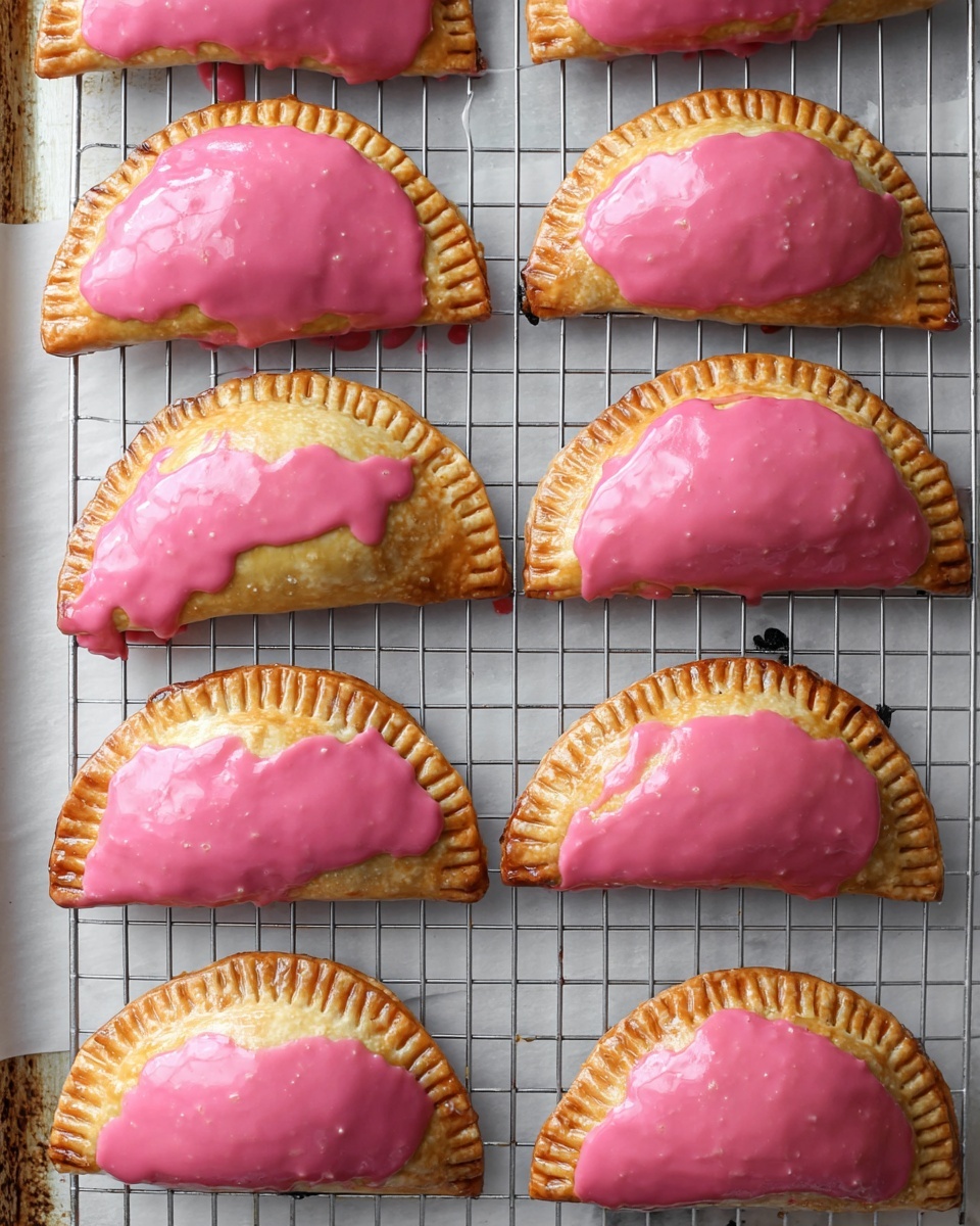 A group of small hand pies arranged in three vertical rows on a metal cooling rack lined with white parchment paper, placed on a tray with a white marbled surface underneath. Each pie is half-circle shaped with a golden-brown flaky crust that has visible crimped edges, and the top of each pie is covered with a smooth, bright pink icing layer that slightly drips over the crust edges. The pink icing has a shiny texture with a few small air bubbles, and the pies are evenly spaced and slightly angled on the rack. photo taken with an iphone --ar 4:5 --v 7