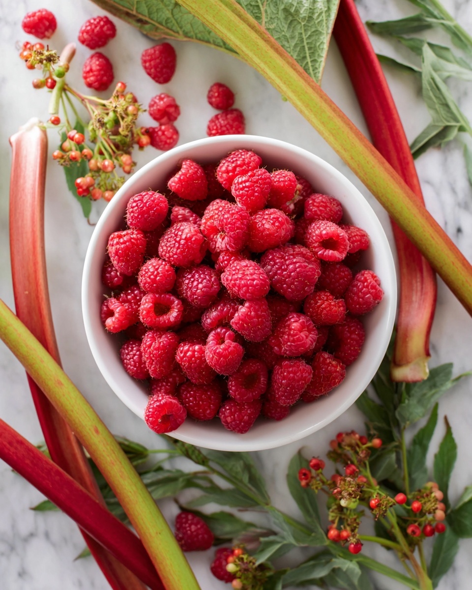 A white bowl filled with bright red raspberries, each raspberry showing detailed texture and plumpness, sits in the center of a white marbled surface. Around the bowl, long stalks of rhubarb with reddish-green hues lie diagonally, adding contrast to the scene. Delicate green leaves with small red berries are scattered around the bowl, creating a fresh, natural look. The image is bright and soft, highlighting the freshness of the fruit and plants. photo taken with an iphone --ar 4:5 --v 7