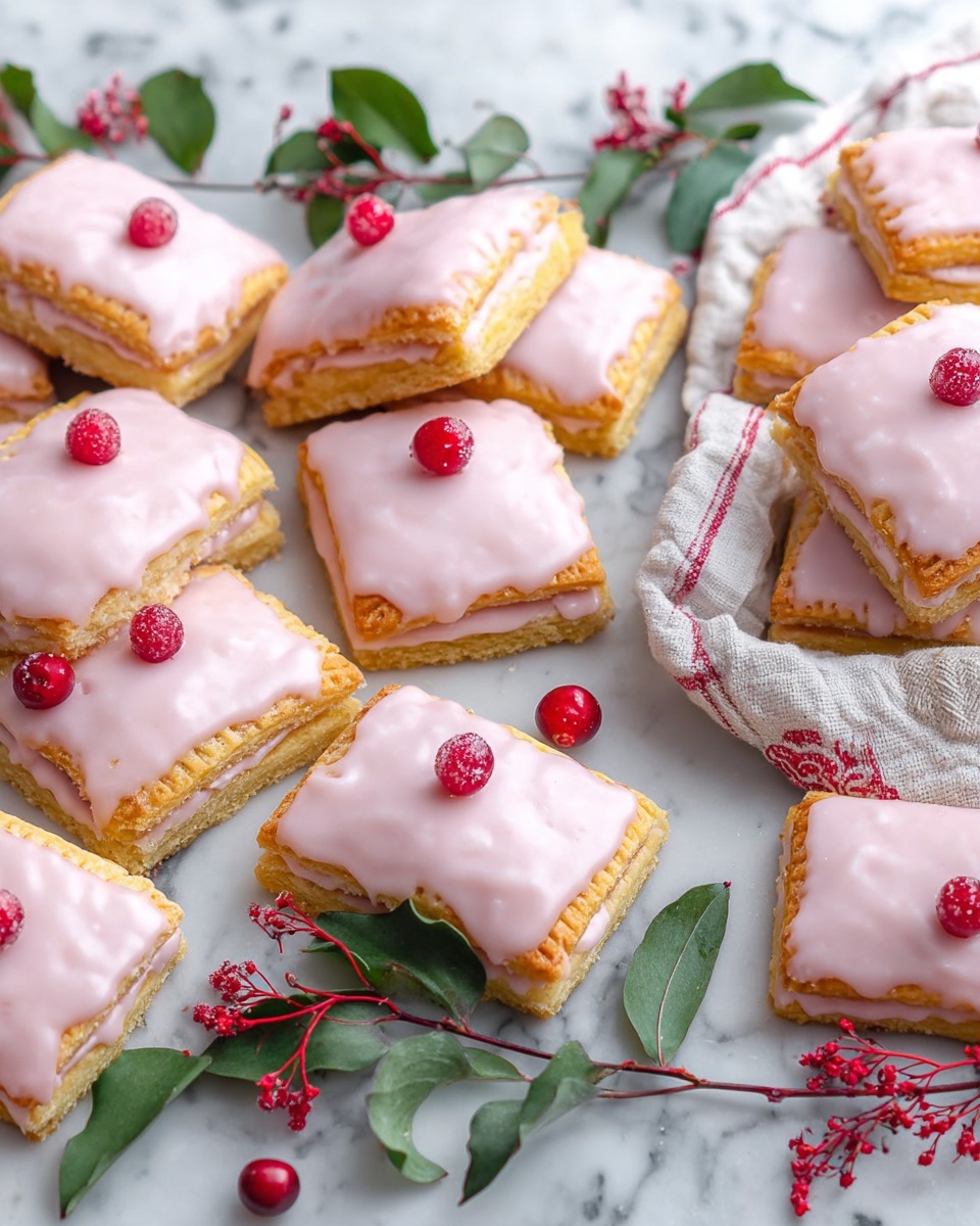 The image shows many small rectangular pastries with a golden brown crust topped with a smooth, light pink icing layer. Each pastry has two layers: a bottom flaky crust base and an upper pink icing layer that covers most of the surface but leaves the golden edges visible. Some pastries have a few small bright red berry-like decorations on top. They are arranged on a white marbled surface, with green leaves and thin branches with red berries scattered around them for decoration. On the right side, some pastries are stacked in a white basket lined with a light cloth that has a red border. photo taken with an iphone --ar 4:5 --v 7