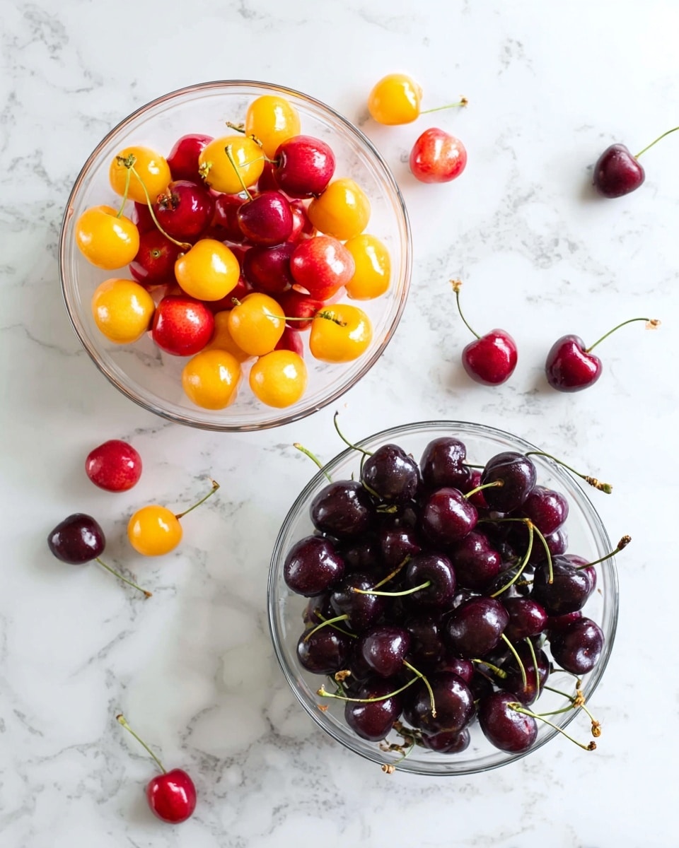 Two clear glass bowls sit on a white marbled surface. The bowl on the top left is filled with bright yellow and red cherries that have smooth, shiny skins and green stems. The bowl on the bottom right is filled with dark red cherries, almost black, with glossy surfaces and green stems. Around the bowls, there are scattered cherries of both colors, adding a casual, natural touch to the scene. The overall look is fresh and colorful, with a bright and clean feel. photo taken with an iphone --ar 4:5 --v 7