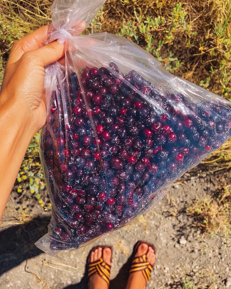 A close-up shows a woman's hand holding a clear plastic bag filled with dark purple and red berries, tightly packed and slightly wet with small droplets inside the bag. The background is a ground with dry grass and small plants, with a woman’s feet wearing sandals visible at the bottom of the image. The overall lighting is bright and sunny, casting clear shadows. Photo taken with an iphone --ar 4:5 --v 7