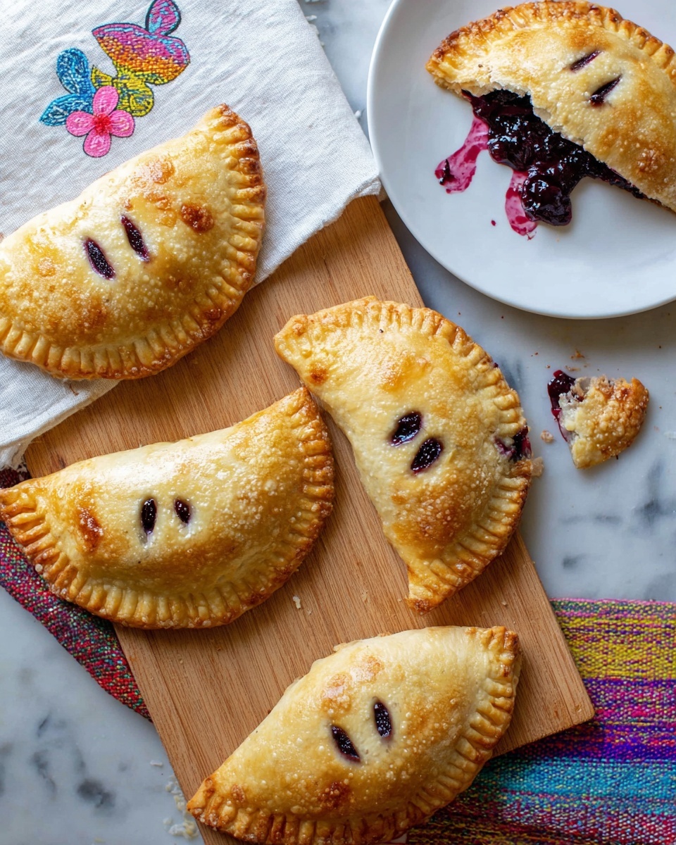 The image shows five half-circle hand pies with a golden brown crust, each with three small slits on top. The pies are placed on white baking paper that sits on a metal baking tray. Around and beneath the pies, there are dark purple, glossy fruit juices that have leaked and spread unevenly on the baking paper, creating a textured, shiny pattern. The crust has a crimped edge made by pressing down with a fork. The overall scene is simple and rustic, with the focus on the warm, baked pies and the rich color contrast between the golden crust and dark fruit filling. photo taken with an iphone --ar 4:5 --v 7