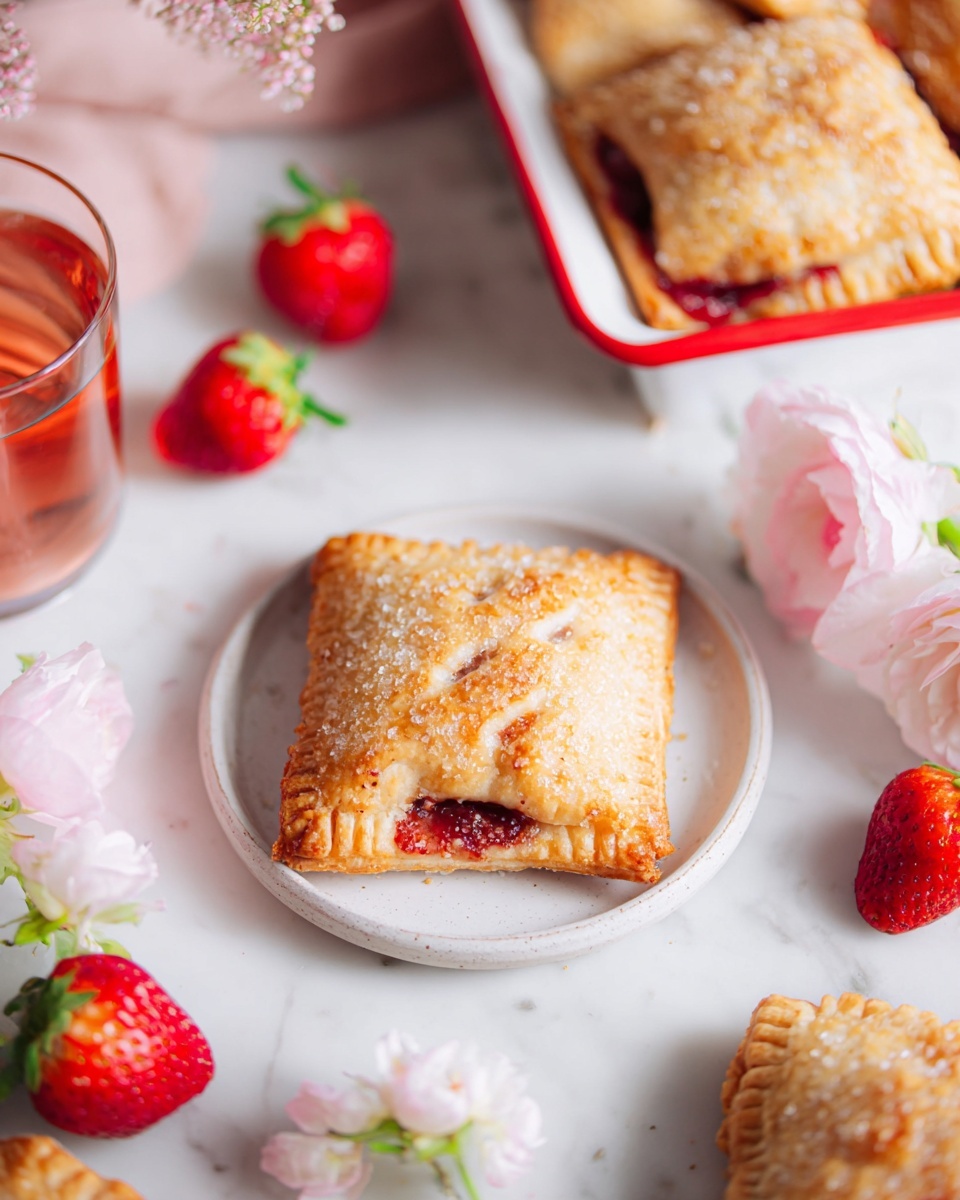 The image shows a golden-brown square pastry with a sugar-crystal topping placed in the center of a small white plate on a white marbled surface. The pastry has a flaky texture with visible crimped edges and small slits on top revealing a red strawberry filling beneath. Around the plate are several similar pastries in a white dish with a red rim, as well as some fresh strawberries and soft pink flowers for decoration. A glass with a light red liquid and some fruit inside is also partially visible to the left. photo taken with an iphone --ar 4:5 --v 7