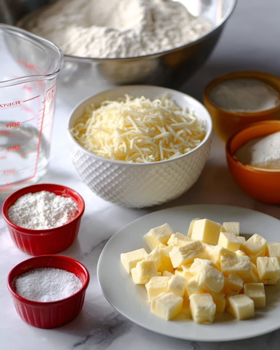 The image shows several white bowls and a measuring cup on a white marbled surface. In the front is a white plate holding many small yellow cubes of butter dusted with flour. Behind it is a white textured bowl filled with a mound of shredded pale yellow cheese. To the left, a clear measuring cup contains a small amount of a clear liquid, likely water or milk. A small red bowl holds a white granular substance, possibly salt, and another orange bowl contains a similar white granular ingredient, likely sugar. In the background, a large metal bowl is filled with flour, showing a soft, powdery texture. Photo taken with an iphone --ar 4:5 --v 7