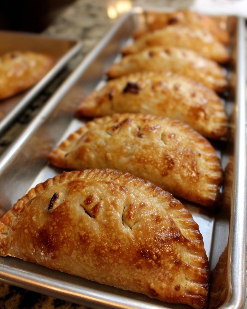 A row of golden brown half-circle pastries lined up closely in a metal baking tray, each pastry showing a crimped edge with a fork pattern and small slits on top for steam to escape, revealing a crispy and slightly shiny baked crust with some darker spots from baking. The pastries are placed on a white marbled surface. photo taken with an iphone --ar 4:5 --v 7