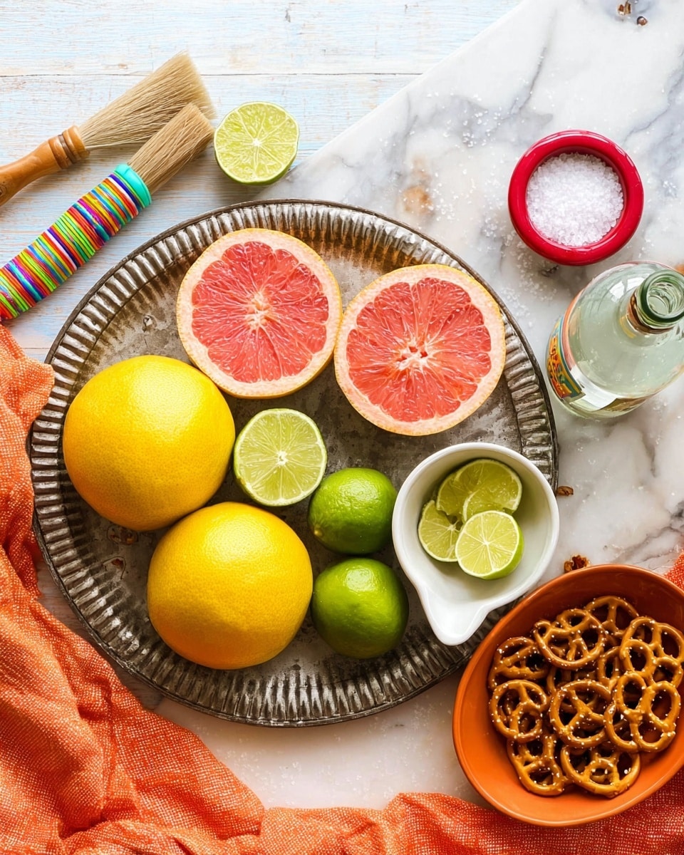 The image shows a large round metal tray with a ribbed texture holding two whole yellow grapefruits, one sliced pink grapefruit showing the inside, and five whole green limes with two lime halves revealing the inside. To the right of the tray, there is a white bowl with a spout containing a halved lime, next to a small orange bowl filled with many brown salted pretzels, with a few pretzels scattered nearby on a white marbled surface. At the top, there is a red small cup filled with white coarse salt, a short wooden handled brush with colorful bands, and part of a transparent glass bottle is visible. An orange cloth with folds is on the right side of the frame. The whole setting is on a white marbled textured background. photo taken with an iphone --ar 4:5 --v 7