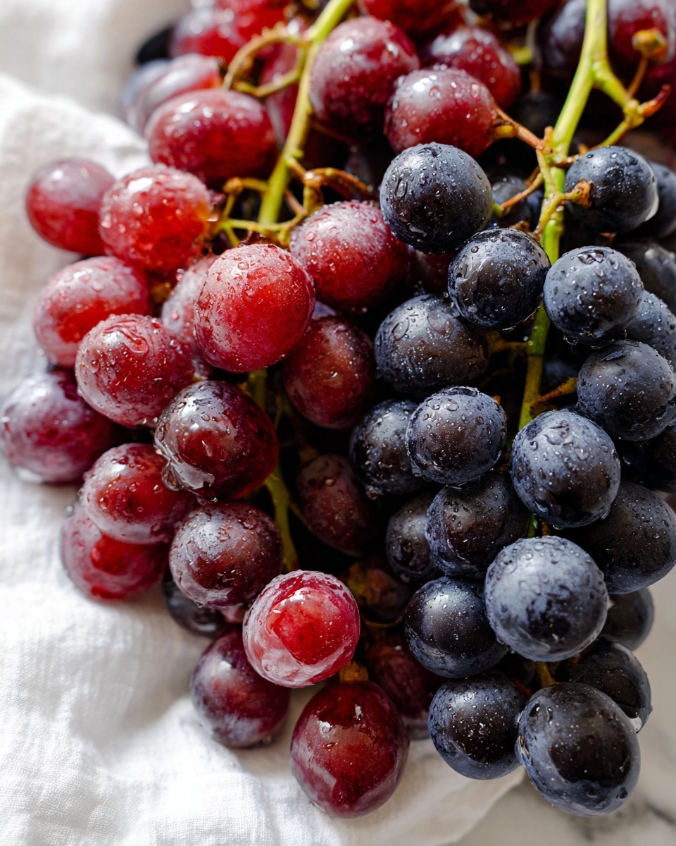 A pile of fresh grapes in two colors, dark purple and red, resting on a white cloth with water droplets on the fruit, showing their shiny and smooth texture. The grapes are attached to green stems, some of which are visible between the grape clusters. The background has a white marbled texture that softly contrasts with the rich colors of the grapes. photo taken with an iphone --ar 4:5 --v 7