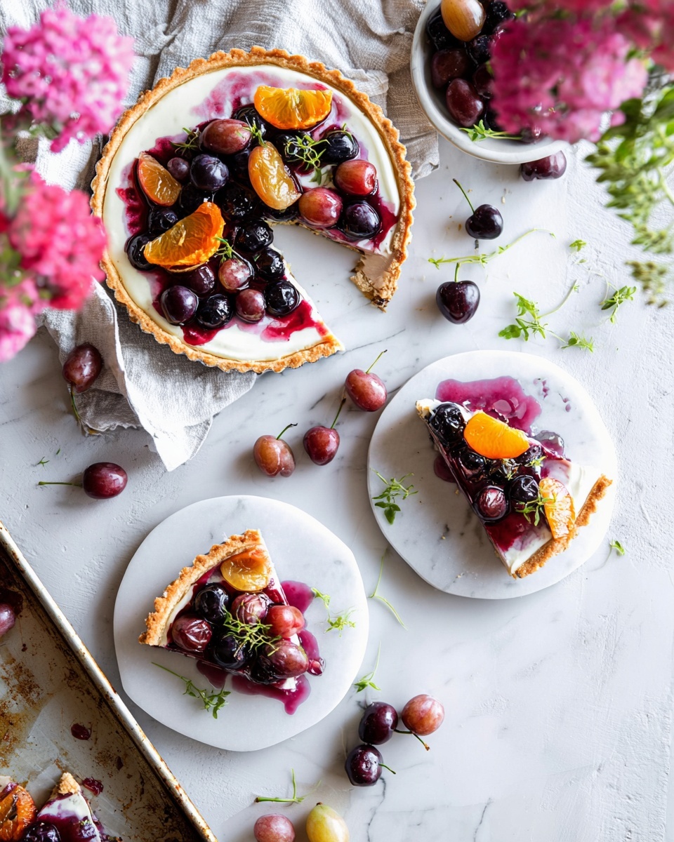 The image shows a tart with a golden-brown crust base topped with a smooth white cream layer. On top, there are dark purple and red grapes along with orange slices that have a slightly caramelized look. The fruit is shiny and plump, with some dripping a deep purple sauce that spreads over the cream. There are two slices served on small white marble plates, each with the same fruit topping and a small fresh green herb for garnish. The tart sits on a white marble surface with scattered grapes and a small green plant nearby. There is also a baking tray in the background with more grapes and purple sauce, and a bouquet of pink flowers adds a soft touch to the scene. Photo taken with an iphone --ar 4:5 --v 7