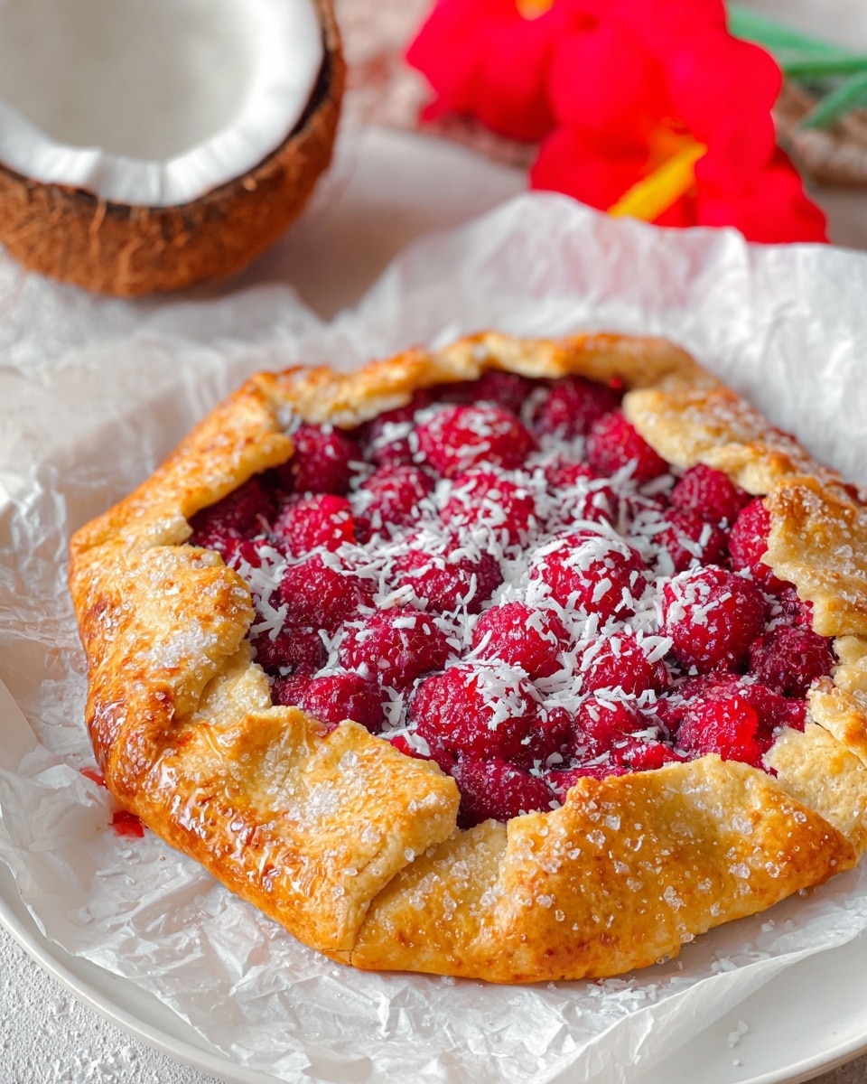 The image shows a rustic galette with one main layer of bright red raspberries tightly packed in the center, topped with a sprinkle of white shredded coconut. The raspberries are surrounded by a thick golden-brown crust folded unevenly over the edges, coated with large sugar crystals that add a sparkling texture. The galette rests on crumpled white parchment paper which is on a white plate, placed on a white marbled surface. In the background, there is a cracked half coconut shell with shredded coconut inside and a red flower adding a pop of color. photo taken with an iphone --ar 4:5 --v 7