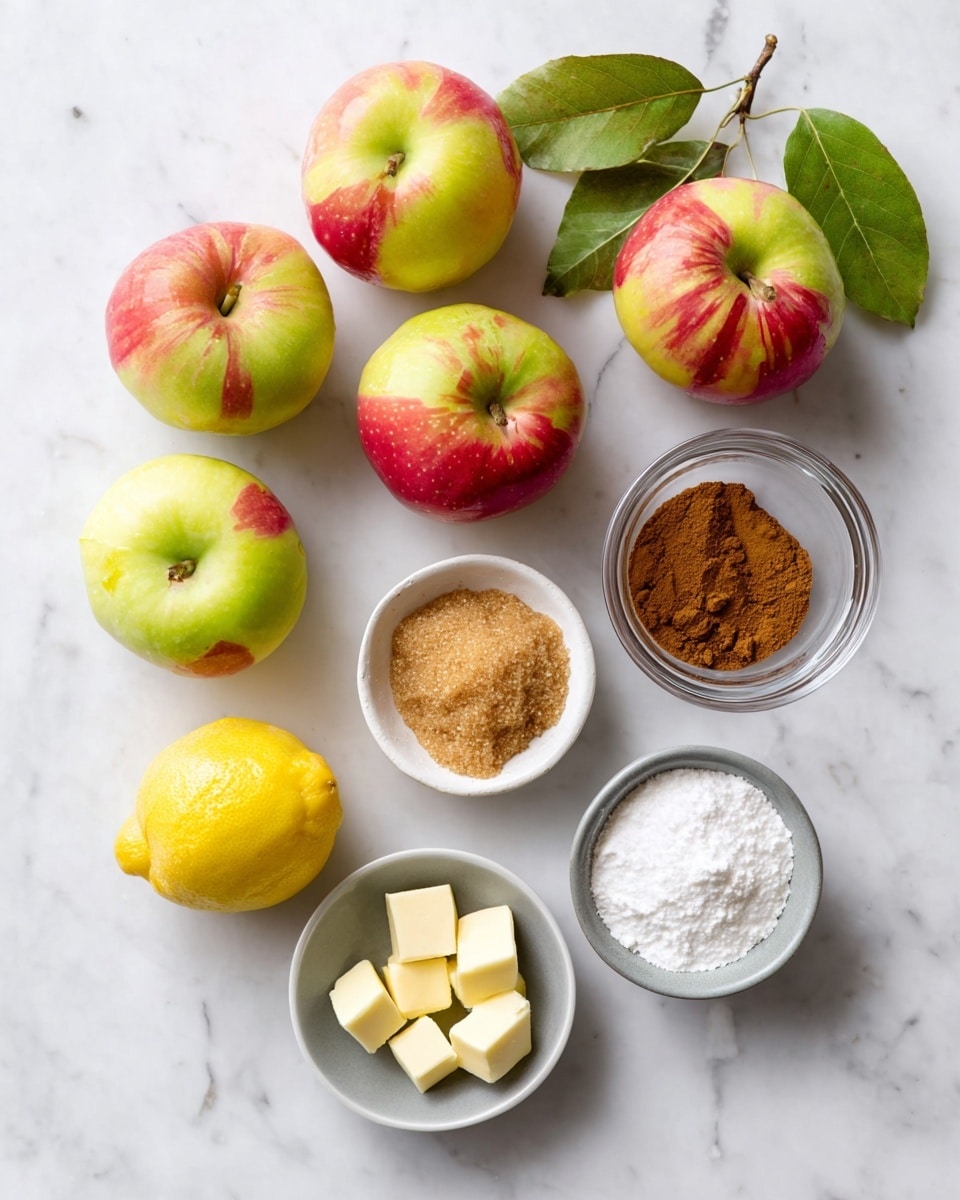 A white marbled surface holds four apples with red, yellow, and green skin scattered around, one with green leaves still attached. Near the top right is a small white bowl filled with brown cinnamon powder. Below the apples is a clear glass bowl filled with brown sugar. To the left of the apples is a halved lemon with bright yellow flesh. Near the bottom are two small white dishes, one with cubed butter and the other with white salt. A small gray bowl filled with white flour or powdered sugar is at the bottom right. The photo taken with an iphone --ar 4:5 --v 7
