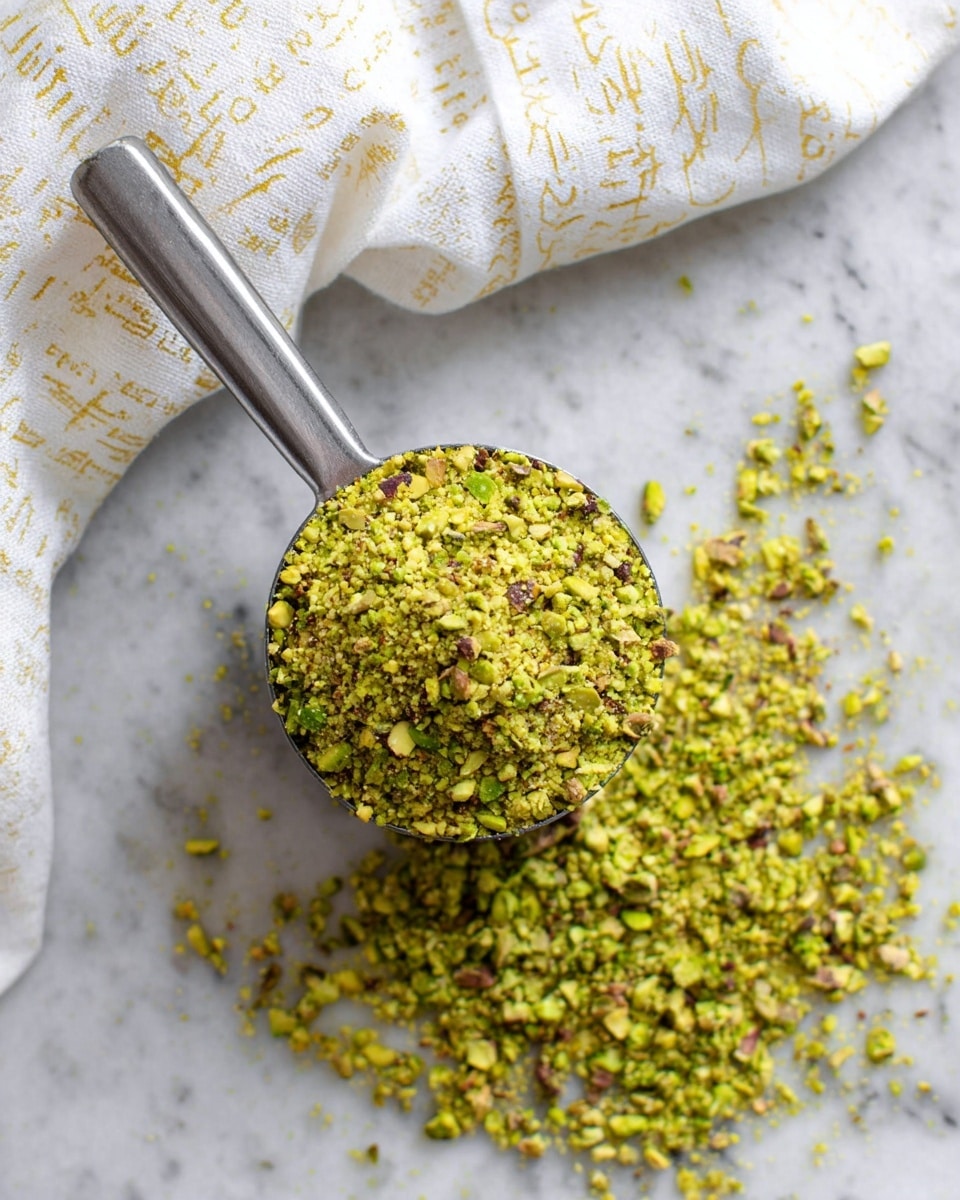 A metal measuring cup filled with finely crushed pistachios sits on a white marbled surface. The pistachios are bright green with specks of brown and yellow, creating a textured, crumbly pile inside the cup and scattered around it in a curved shape. A white cloth with gold printed text is partially visible at the top left corner, adding a soft fabric element to the scene. The whole image is bright and clear, emphasizing the fresh, natural colors of the crushed nuts photo taken with an iphone --ar 4:5 --v 7