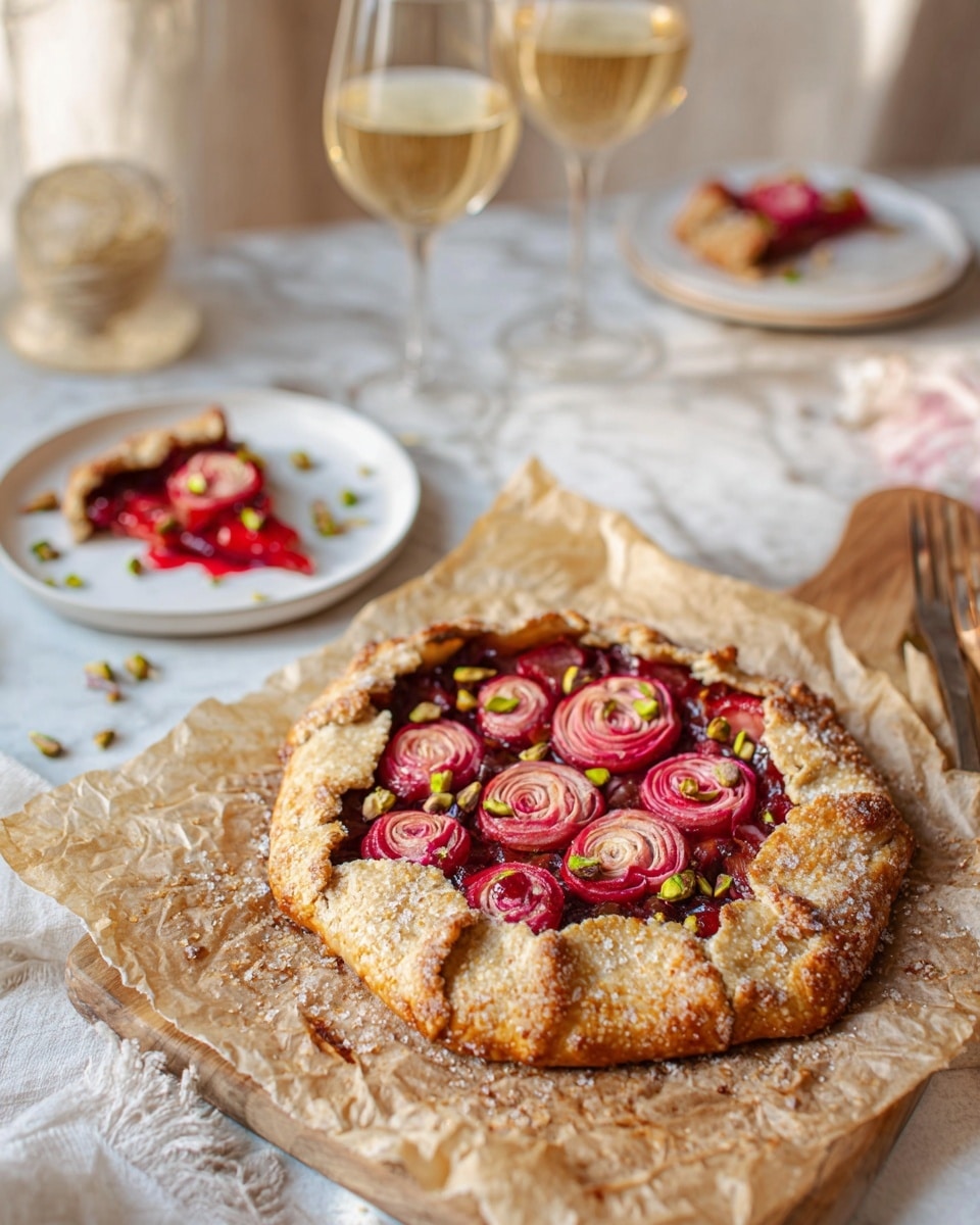 The image shows a rustic galette laid on crumpled parchment paper on a wooden board. The galette has a thick, golden-brown crust folded over red fruit filling, with visible sugar crystals on the crust edges. On top of the filling, there are several pinkish rose-shaped fruit pieces arranged in a circle, accented by scattered green pistachio nuts. In the background, there are two white plates each holding a small slice of the galette with the same red filling and pistachio pieces, and glasses with light golden liquid on a white marbled texture table. The scene gives a warm, cozy vibe with soft natural light. Photo taken with an iphone --ar 4:5 --v 7