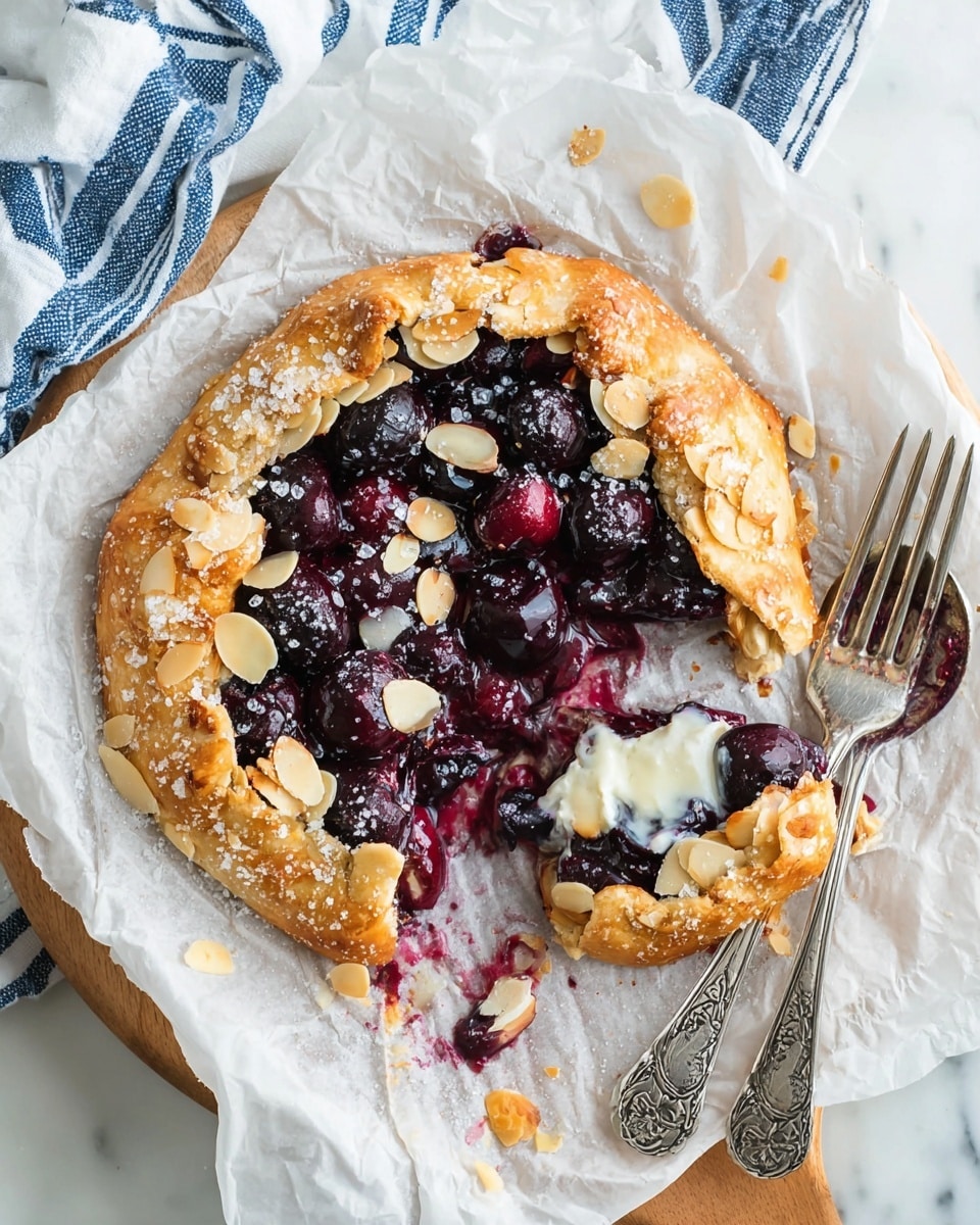 A rustic round tart with a golden-brown crust sprinkled with sliced almonds and sugar crystals around the edge, filled with dark purple cherries that appear juicy and soft. The tart is partially eaten, revealing a creamy white sauce mixing with the cherry filling in the center. It sits on crumpled white parchment paper on a wooden board, with two silver forks resting on the paper, showing intricate patterns on their handles. The background is a white marbled surface with a cloth featuring blue and white stripes visible near the bottom corner. Photo taken with an iphone --ar 4:5 --v 7
