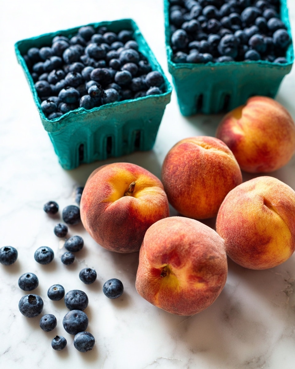 The image shows a group of fresh peaches with fuzzy skin, light orange and red shades, and small yellow highlights, arranged on a smooth white marbled surface. Around the peaches, there are three turquoise-colored cardboard baskets filled with round, dark blue blueberries that have a soft matte texture, creating a strong color contrast. Some loose blueberries are scattered on the surface, adding a natural touch. The peaches are stacked with some leaning on each other, giving a soft, rounded shape to the scene. The overall setting is bright with soft natural light, enhancing the fresh and ripe look of the fruits. photo taken with an iphone --ar 4:5 --v 7
