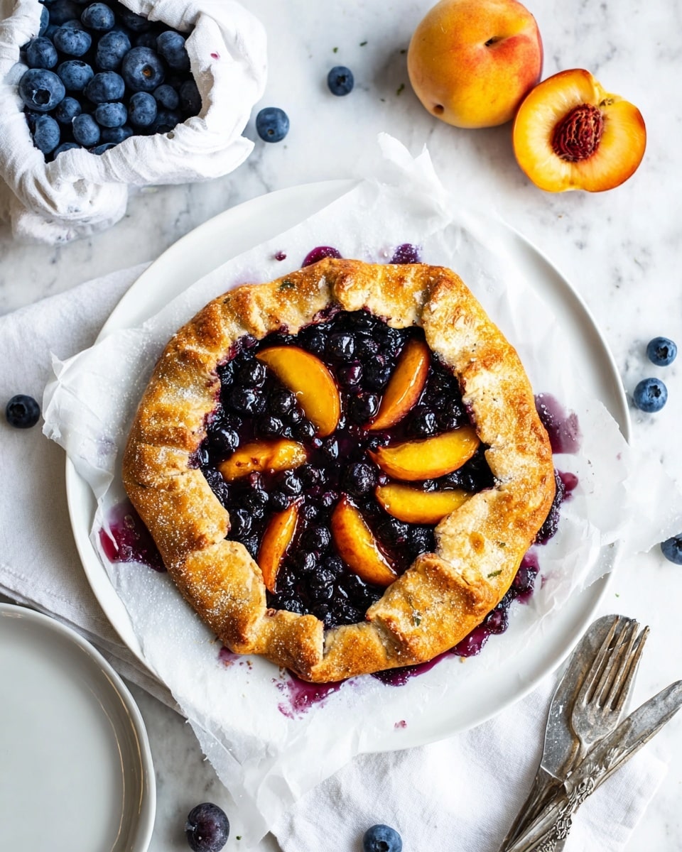 A round galette sits centered on white parchment paper over a white plate, with a flaky golden brown crust folded inward unevenly. Inside the crust, the filling shows juicy dark blue blueberries mixed with bright orange-yellow peach slices arranged loosely together. Blueberry juices have spilled slightly onto the parchment paper near the crust’s base. The plate is on a white marbled surface scattered with a few whole blueberries, two ripe peaches, and a small white basket filled with fresh blueberries wrapped in white paper. In the lower corner, a white plate with a silver fork and spoon is partially visible. The photo was taken with an iphone --ar 4:5 --v 7