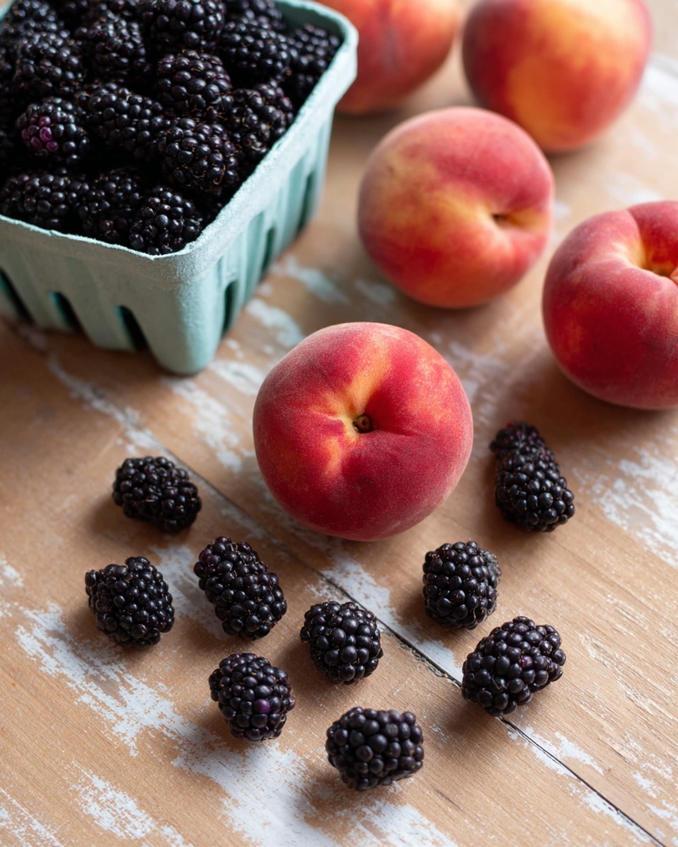 The image shows a simple arrangement of fresh fruit on a light brown wooden surface with a white marbled texture. There are four ripe, red peaches with smooth skin spread loosely across the space. Near the peaches are six blackberries with a deep black-purple color and bumpy texture, scattered randomly. In the top left corner, a small white basket filled with many more blackberries is partially visible. The setting is bright and natural, highlighting the fresh and ripe look of the fruit photo taken with an iphone --ar 4:5 --v 7