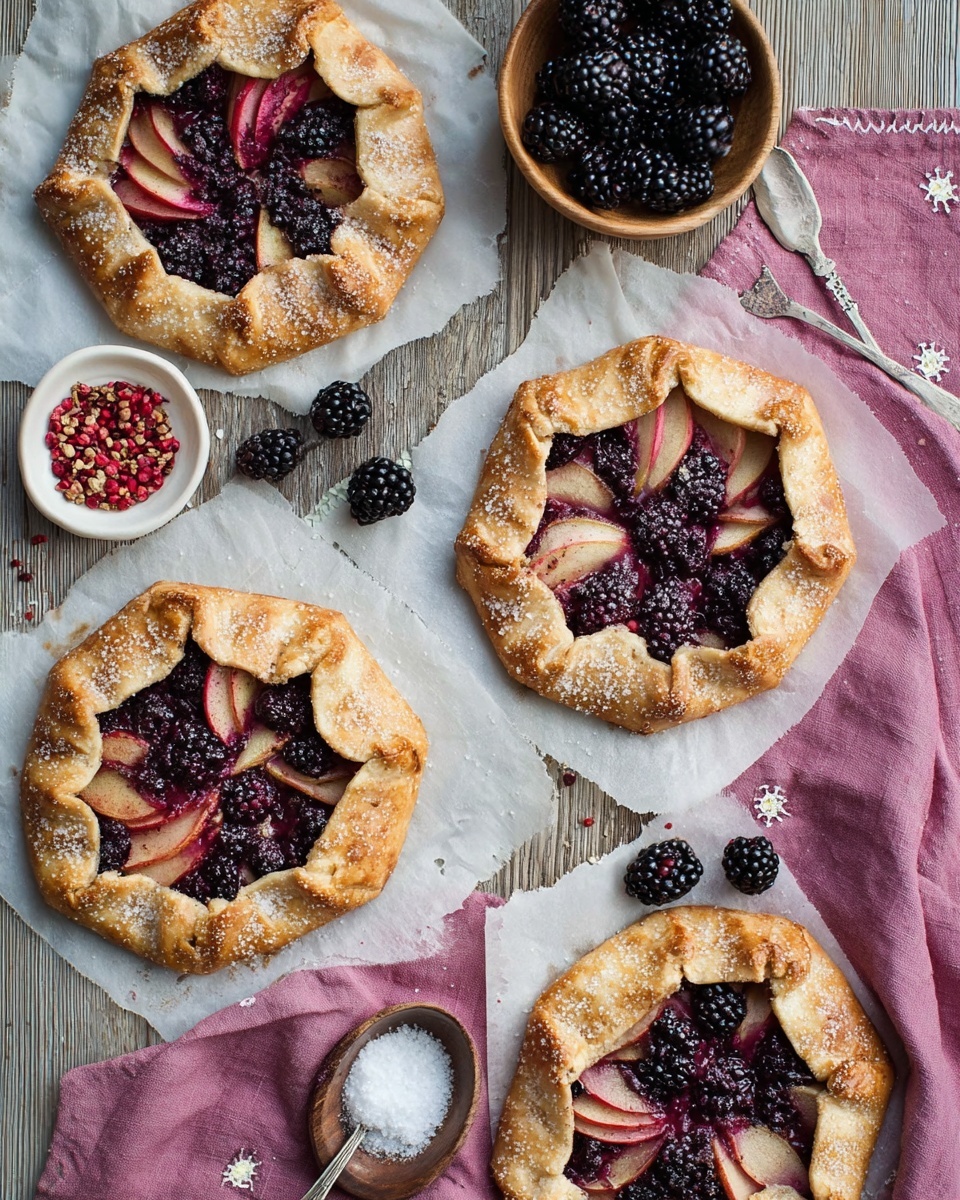Four round fruit galettes rest on white parchment paper over a wooden surface, each with one layer of golden-baked crust folded up around multiple mixed dark purple blackberries and thin light pinkish apple slices inside. The crust is sprinkled with coarse sugar that sparkles under light. Nearby, there is a small white bowl of red peppercorns and a wooden bowl full of fresh blackberries. A silver spoon filled with white sugar sits on a pink cloth with small decorative stitches on the wooden surface. The background is a white marbled texture photo taken with an iphone --ar 4:5 --v 7