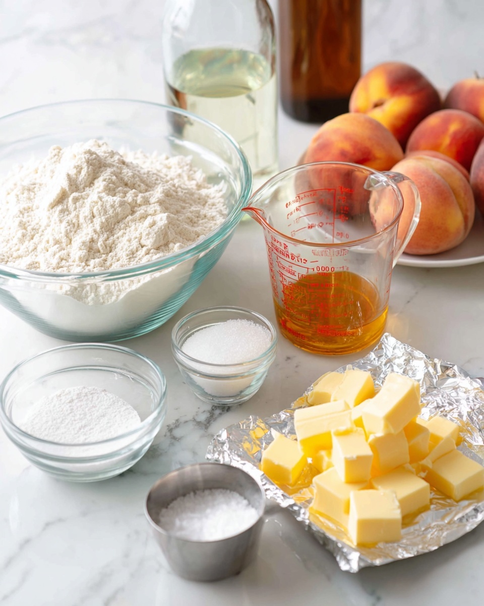 The image shows a collection of baking ingredients on a white marbled surface. There is a small mound of yellow butter cut into cubes on an open foil sheet in the lower right corner. Next to the butter is a glass measuring cup filled with a light amber liquid. Behind this is another glass measuring cup with clear water. To the left of the water cup is a large glass bowl filled with white flour. In front of the flour bowl are smaller glass bowls containing white sugar and coarse salt, along with a metal measuring cup filled with a lighter, coarser flour. In the background, a plate holds several whole peaches, and a large brown bottle is visible behind the bowls. The setup is bright and clean, ready for baking. photo taken with an iphone --ar 4:5 --v 7