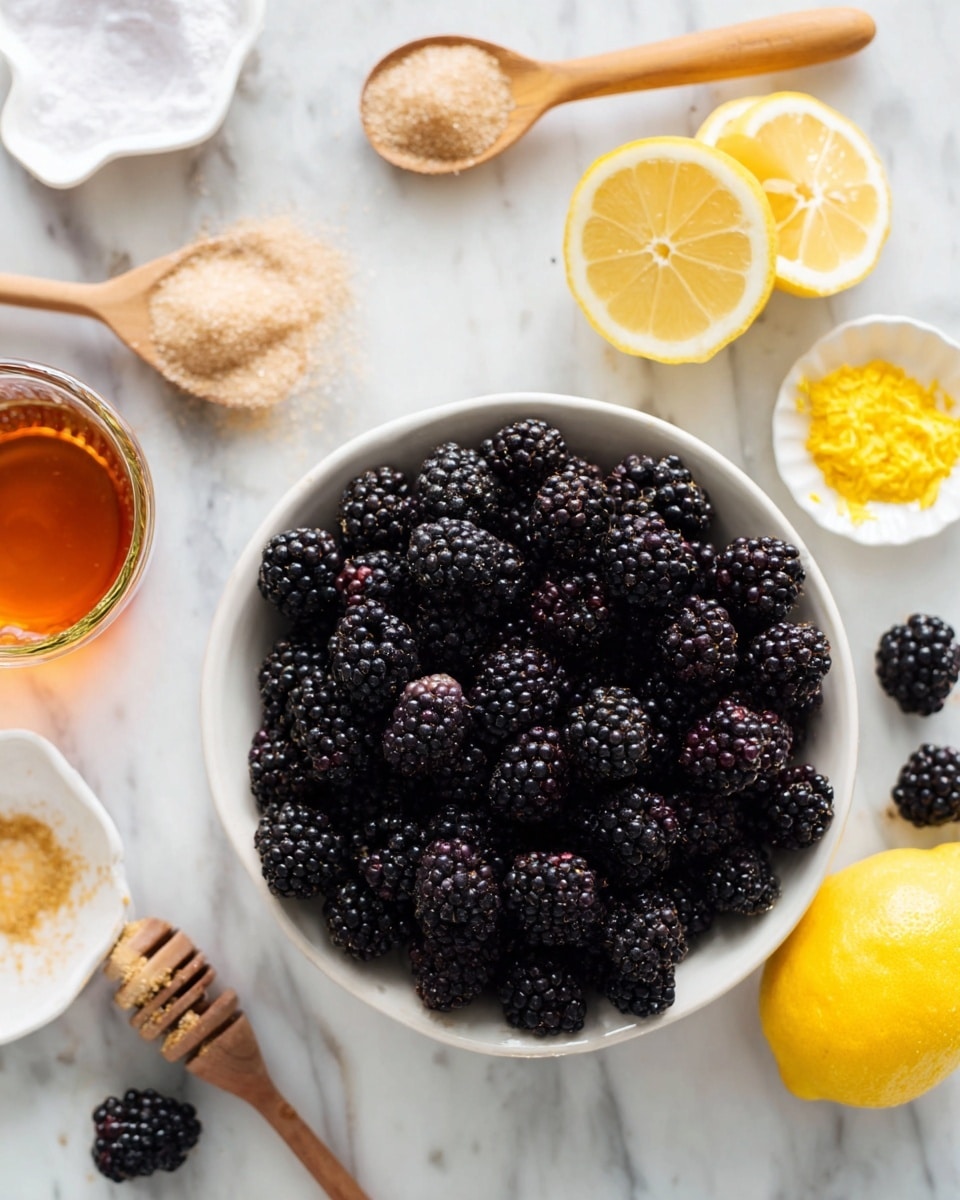 The image shows a white bowl filled with many fresh blackberries that are shiny and plump, sitting on a white marbled surface. Around the bowl, there are different ingredients: a wooden spoon with light brown sugar, a small white bowl with white powder, another wooden spoon with a white powdery substance, a small dish with bright yellow lemon zest, two halves of a fresh lemon showing a pale yellow inside, and a glass cup filled with amber-colored liquid. A few blackberries are scattered loosely on the surface. The scene is bright and clean, with a focus on the natural colors and textures of the ingredients. Photo taken with an iphone --ar 4:5 --v 7