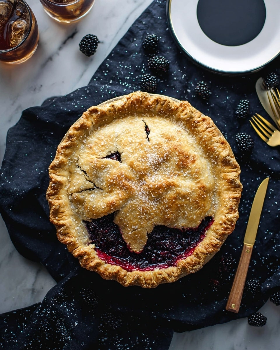 The image shows a rustic blackberry pie with two main layers: the bottom crust is golden brown with crimped edges, and a shiny, deep purple blackberry filling that is visible just under a top crust. The top crust is round, golden, and sprinkled with coarse sugar crystals, with small cut slits revealing the dark filling beneath. The pie sits on a white marbled surface, placed on a black cloth with white speckles. Around the pie, there is a gold fork, a cake knife with a wooden handle, a white plate with a black center, and a glass of iced drink in the top left corner with another glass partially visible. Some blackberries are scattered on the marbled surface. photo taken with an iphone --ar 4:5 --v 7