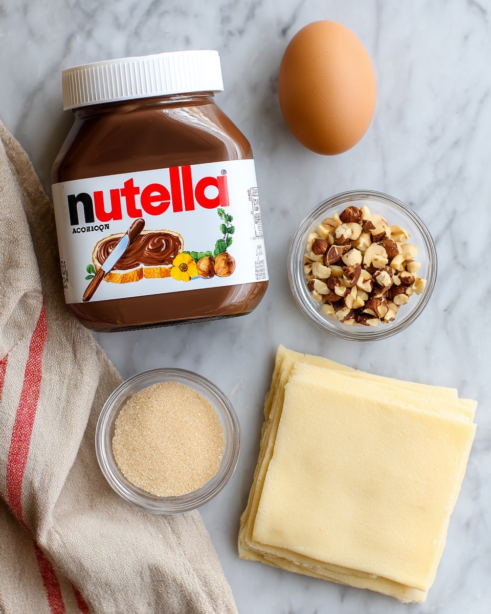 The image shows ingredients for a dessert laid out on a white marbled surface. On the left, there is a large jar of Nutella with a white lid, the label showing a slice of bread with chocolate spread and a small knife on it. Next to the jar on the right is a single light brown egg standing upright. Below the egg, there are two small square glass bowls side by side, one filled with raw sugar with a light golden color and the other with chopped hazelnuts in golden brown shades. On the right side of the image, there is a neat stack of pale yellow puff pastry sheets with a soft, smooth texture. To the far left, a beige cloth with red stripes is partially visible. photo taken with an iphone --ar 4:5 --v 7