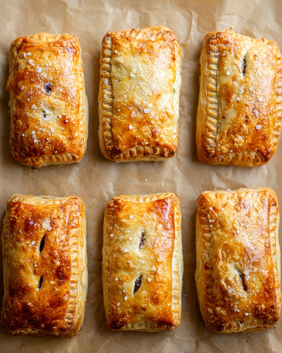 The image shows six golden-brown rectangular pastries arranged in two columns of three on a brown paper-lined white marbled surface. Each pastry has a flaky and shiny crust with visible layers and is sprinkled with coarse sugar crystals on top. The edges are sealed with a crimped pattern, and some pastries have small slits or cuts on the top crust for ventilation. The colors range from light golden to a deeper amber, showing a baked texture with slight browning on raised parts of the crust. photo taken with an iphone --ar 4:5 --v 7