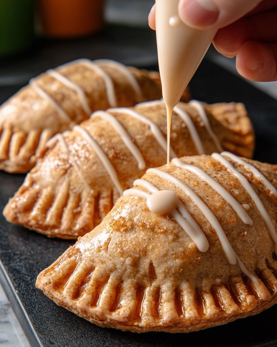 The image shows three golden brown hand pies arranged side by side on a black surface with a white marbled texture underneath. Each pie is semi-circular with crimped edges and a slightly bumpy crust. A woman's hand is holding a small piping bag, drizzling a pale cream-colored icing in thin, curved lines across the tops of the pies, adding a shiny and smooth detail to the rough texture of the baked crusts. The background has soft, muted colors out of focus, emphasizing the warm tones of the hand pies. Photo taken with an iphone --ar 4:5 --v 7