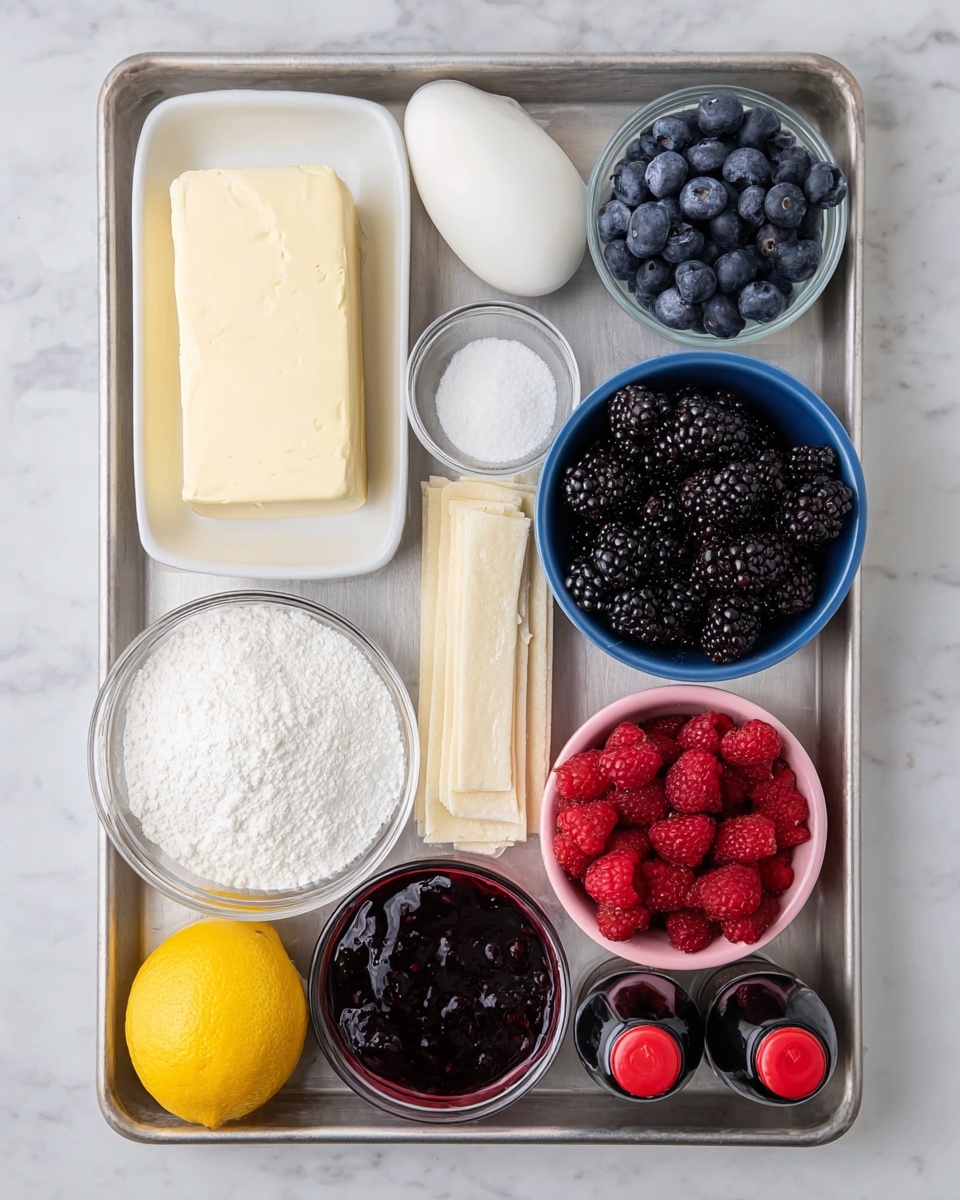 Cream Cheese Puff Pastry Danish Recipe 5 The image shows a metal tray with various cooking ingredients neatly arranged in small white containers and bowls, all placed on a white marbled surface. On the left, a white rectangular dish holds a block of cream cheese and a white egg. Below, there is a small white bowl filled with milk and another small glass bowl containing granulated sugar, and a larger white bowl filled with powdered sugar. To the right on the tray, there are two small black bottles with red caps lying next to each other. Above them is a white rectangular sheet of puff pastry. Surrounding this, a blue bowl is full of dark blueberries, a pink bowl holds bright red raspberries, and two clear bowls contain dark mixed berry jams. A whole yellow lemon sits near the bottom left corner of the tray. Photo taken with an iphone --ar 4:5 --v 7