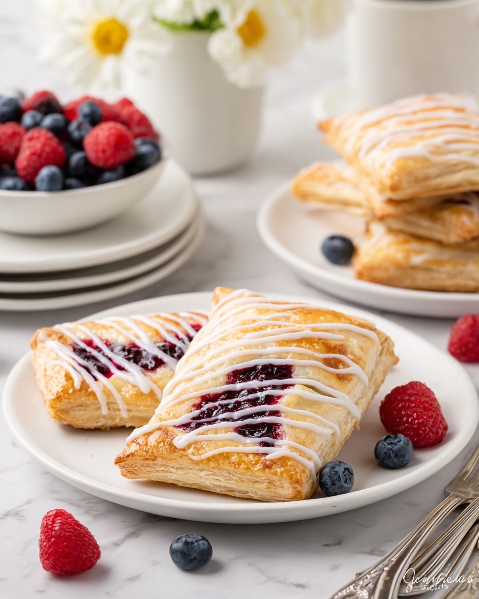 Two rectangular pastries with golden-brown, flaky puff pastry edges are placed on a white plate. Each pastry has a center layer of dark purple and red berry filling, topped with thin lines of white icing drizzled across. The pastries rest on a white marbled surface, with fresh red raspberries and dark blue blueberries scattered around the plate. In the background, more pastries are stacked on a white plate, and a bowl full of fresh berries sits nearby, along with a stack of white plates holding silver forks. Soft white flowers add a light touch to the scene. Photo taken with an iphone --ar 4:5 --v 7