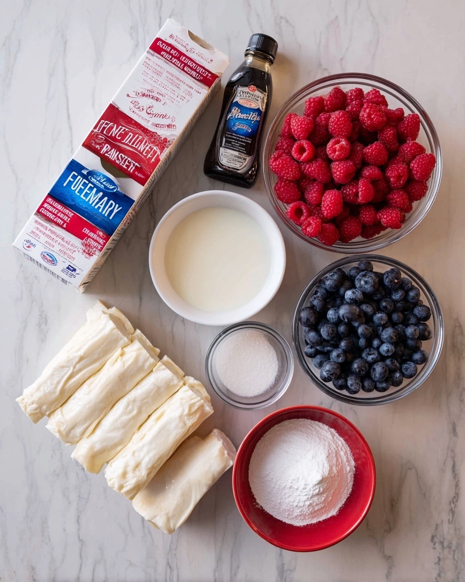 The image shows a white marbled surface with several baking ingredients neatly arranged. On the left, there is a mostly white box of puff pastry sheets with red accents. Next to it is a small dark bottle labeled vanilla extract followed by a small white bowl filled with milk. A small white cardboard block of Philadelphia cream cheese sits nearby. To the right of these ingredients are two clear containers filled with bright red raspberries, one stacked vertically above the other. A small clear bowl filled with dark blue blueberries sits in the middle. In front of the puff pastry box is a small red bowl filled with white powdered sugar. All items are spaced out evenly in a clean and clear setting. Photo taken with an iphone --ar 4:5 --v 7
