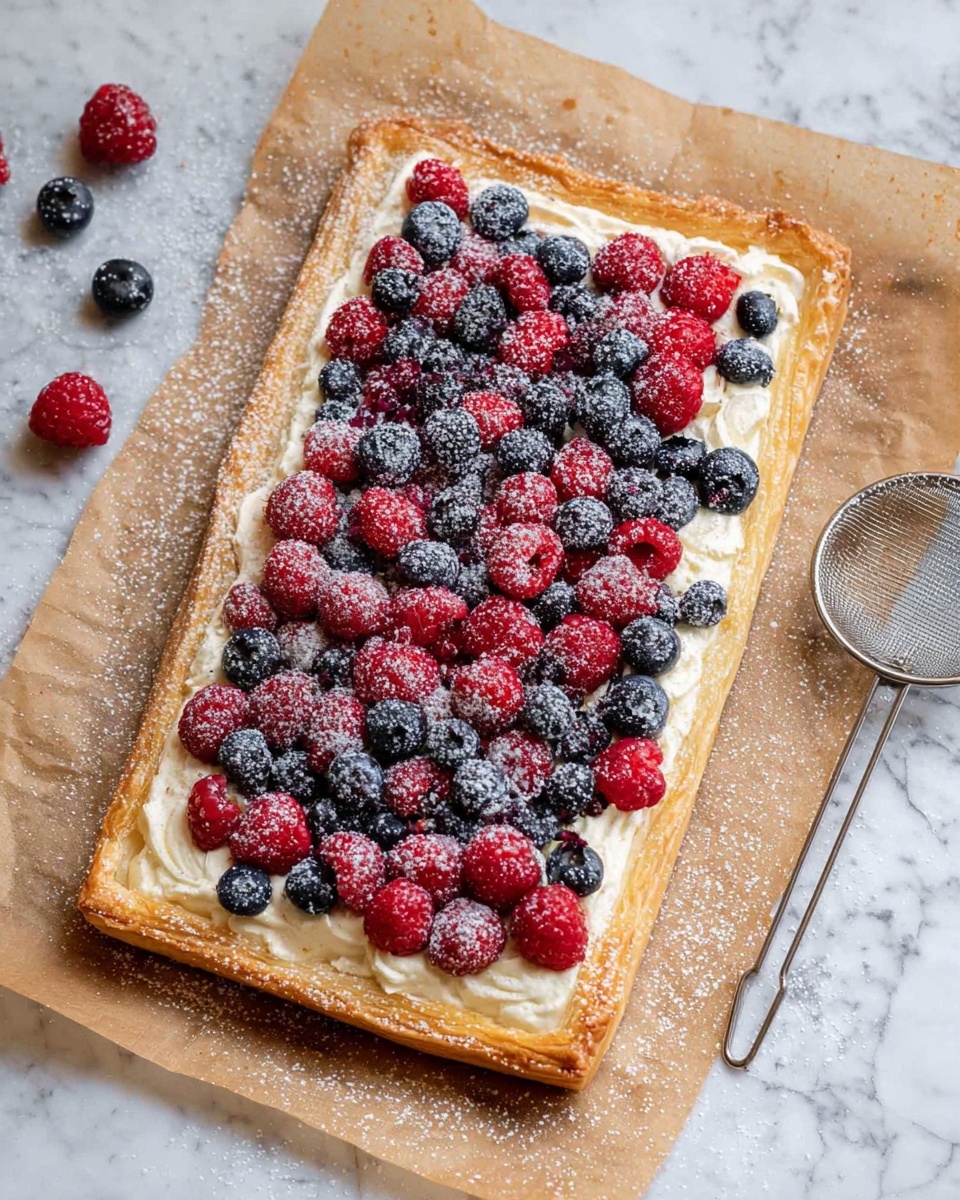 A rectangular puff pastry tart with golden brown, flaky edges forms the first layer. The second layer is a smooth, creamy white spread evenly over the pastry base. On top, fresh raspberries and blueberries are scattered generously, their red and deep blue colors contrasting beautifully with the cream. A light dusting of powdered sugar covers the berries and cream, adding a soft white texture. The tart is placed on brown parchment paper over a white marbled surface, with a small metal sieve and a few extra raspberries nearby. Photo taken with an iphone --ar 4:5 --v 7