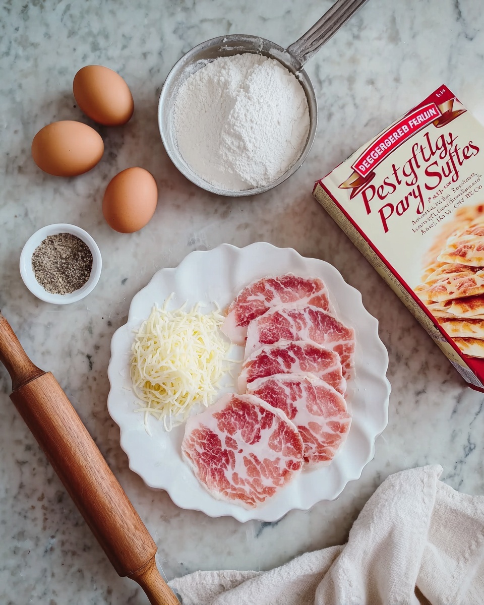 The image shows a white scalloped plate with three slices of marbled pink and white raw meat, arranged in a fan shape, with a small white bowl of shredded pale cheese placed on the plate’s left side. Around the plate, there are four whole brown eggs scattered on a white marbled surface. Next to the eggs, there is a small white bowl containing half salt and half black pepper, and behind it, a metal cup filled with white flour. A box of Pepperidge Farm puff pastry sheets with red and white packaging lies partially in the lower right corner on the white marbled surface. A wooden rolling pin handle is visible in the lower left corner, and a white cloth is placed near the bottom edge. photo taken with an iphone --ar 4:5 --v 7