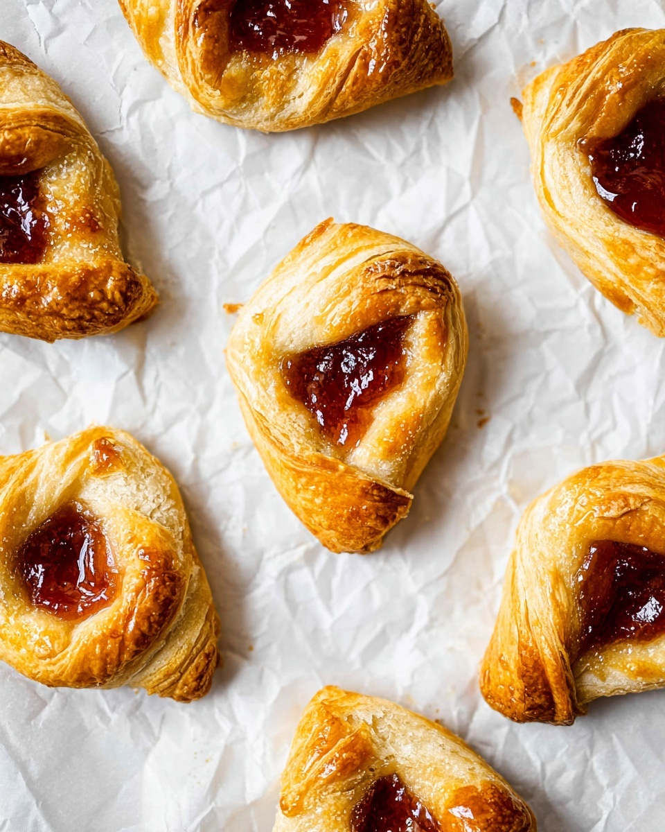 The image shows a close-up of several pastries placed on crumpled white parchment paper with a white marbled background. Each pastry has a golden-brown flaky crust folded over a thick layer of dark red jam filling in the middle. The crust appears light and crispy with visible layers from baking, and the jam is glossy and slightly spread out inside the folded dough. The pastries are scattered casually, showing varying shapes but all with the same two-part fold over the filling. photo taken with an iphone --ar 4:5 --v 7
