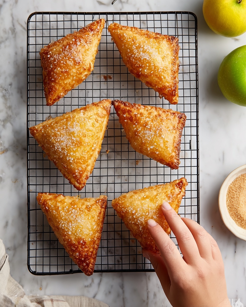 The image shows six golden-brown triangular pastries with a crispy texture and sprinkled sugar crystals on top. They are arranged in two columns on a black cooling rack set on a white marbled surface. A woman's hand is gently picking up one pastry from the right side. Two green apples are partially visible in the top right corner, and a small part of a lemon and a white bowl with brown sugar are seen at the bottom edge. The pastries have a slightly uneven, crumbly crust with a warm, baked color. photo taken with an iphone --ar 4:5 --v 7