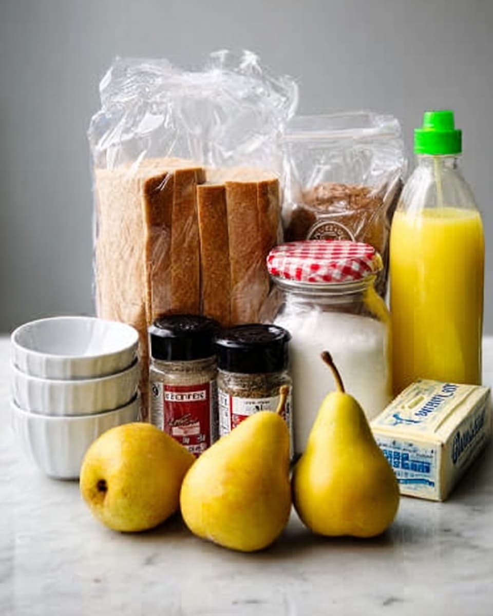The image shows a row of cooking ingredients arranged on a white marbled surface. In front, there are three yellow pears with smooth skin and short stems, placed closely together. Behind the pears, there are three small white bowls stacked atop one another on the left side. To the right of the pears, there is a small box of butter with a silver wrapper and soft edges. Next to the butter, two small spice jars are placed side by side with black lids, one labeled red and white, the other black and white. To the right of the spices is a white open glass jar with red and white checked lid containing a white powder, likely baking powder. Behind these, there is a clear plastic bag filled with sliced pieces of light brown bread, standing upright. Next to it, a bright yellow bottle of lemon juice with a green cap stands tall. The entire setup is neat and evenly spaced, with soft natural lighting coming from the left side. Photo taken with an iphone --ar 4:5 --v 7
