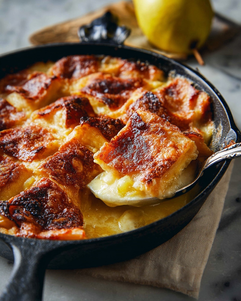 A black cast iron pan filled with golden-brown baked pastry squares that have crispy, slightly burnt edges and a soft, creamy layer beneath. The top layer is uneven with some parts darker and textured, showing a mix of smooth and crunchy surfaces. The creamy layer below is pale yellow and slightly glossy, visible where a silver spoon scoops out a portion, with soft chunks soaking in a light sauce. The pan rests on a white marbled surface with a blurred yellow pear in the background. Photo taken with an iphone --ar 4:5 --v 7