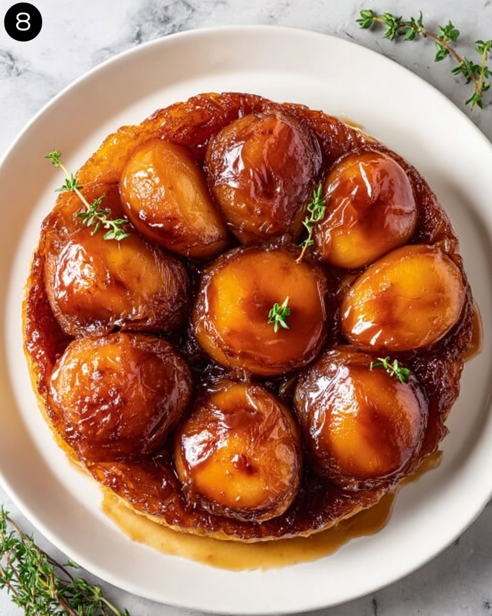A white plate holds a round tarte tatin with seven large caramelized apple halves arranged tightly on top, their golden to deep amber skin shiny and glazed with thick caramel sauce that pools slightly around the edges. The apple pieces have a soft, glossy texture with hints of darker caramel spots. The tarte crust is golden brown, slightly puffed, and uneven at the edges, visible under the apples, with some parts browned and crisped. Small green sprigs of fresh thyme sit on a few apple halves, adding green contrast to the rich warm colors. The plate is set on a white marbled surface with some scattered thyme sprigs nearby. Photo taken with an iphone --ar 4:5 --v 7