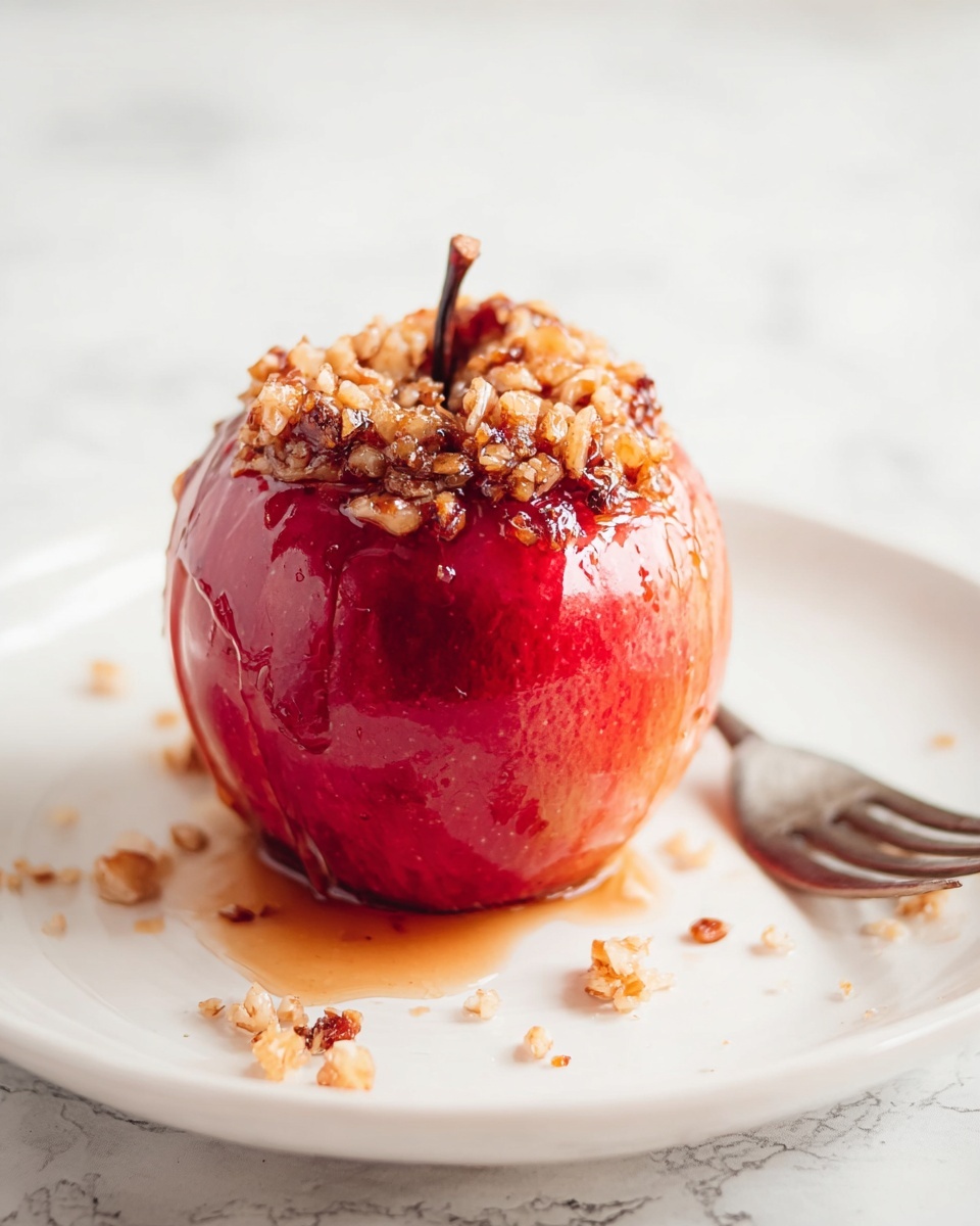 A shiny red apple with a wet surface sits in the middle of a white plate on a white marbled texture. The apple is topped with a layer of crushed and chopped nuts coated in a sticky syrup that also drips down the sides of the apple. Small nut pieces scatter loosely around the plate, and a silver fork rests angled near the apple. The light shines softly on the apple, showing its smooth, shiny skin and the glossy syrup. photo taken with an iphone --ar 4:5 --v 7