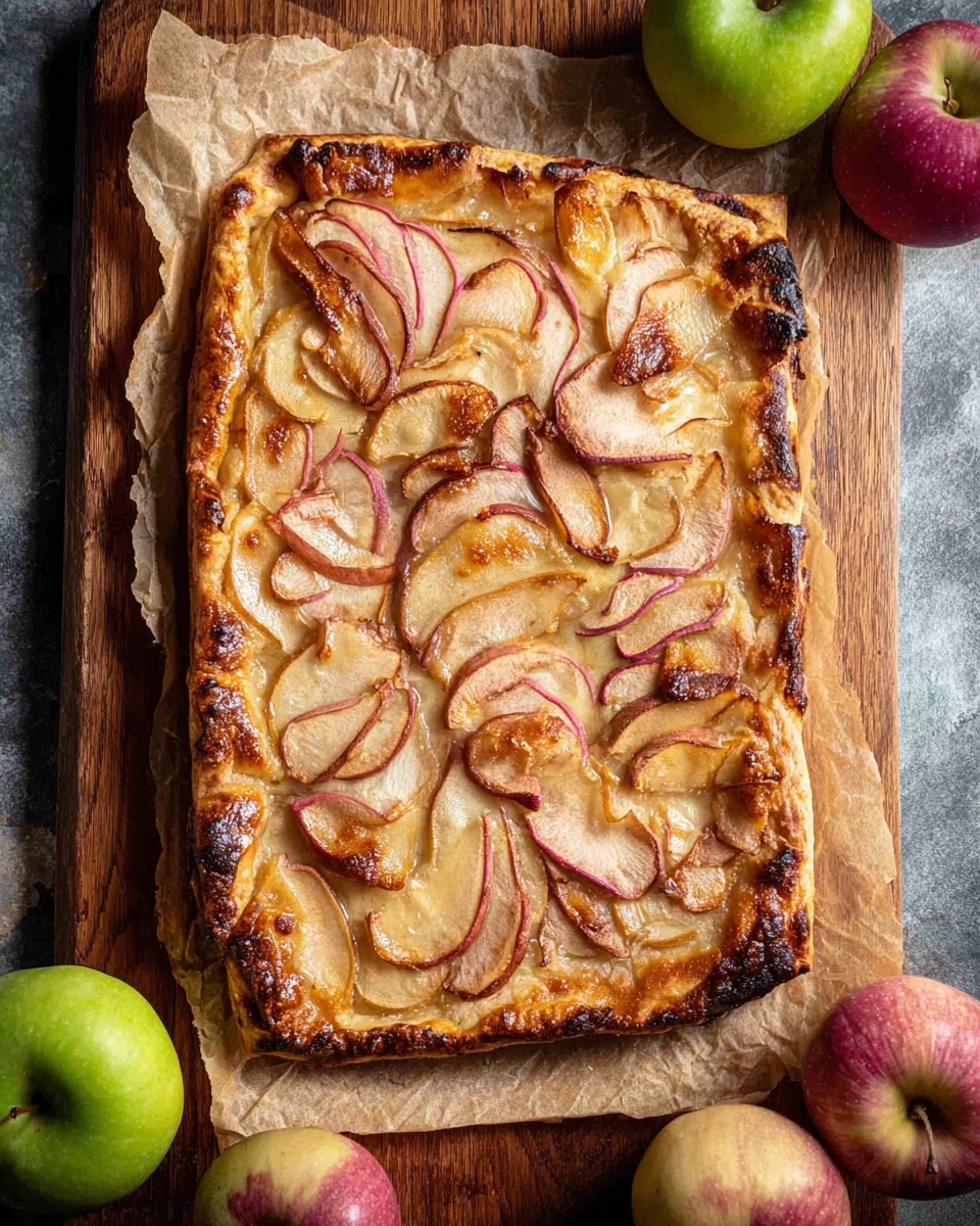 A rectangular rustic tart with a golden-brown crust that is slightly charred on the edges, topped with thin layers of caramelized apple slices arranged unevenly across the surface; the apples show shades of soft pink, pale yellow, and light brown. The tart sits on parchment paper over a wooden board, surrounded by whole apples of green and pink hues. A white marbled texture is visible beneath the wooden board, adding contrast to the warm tones of the tart and apples. Photo taken with an iphone --ar 4:5 --v 7