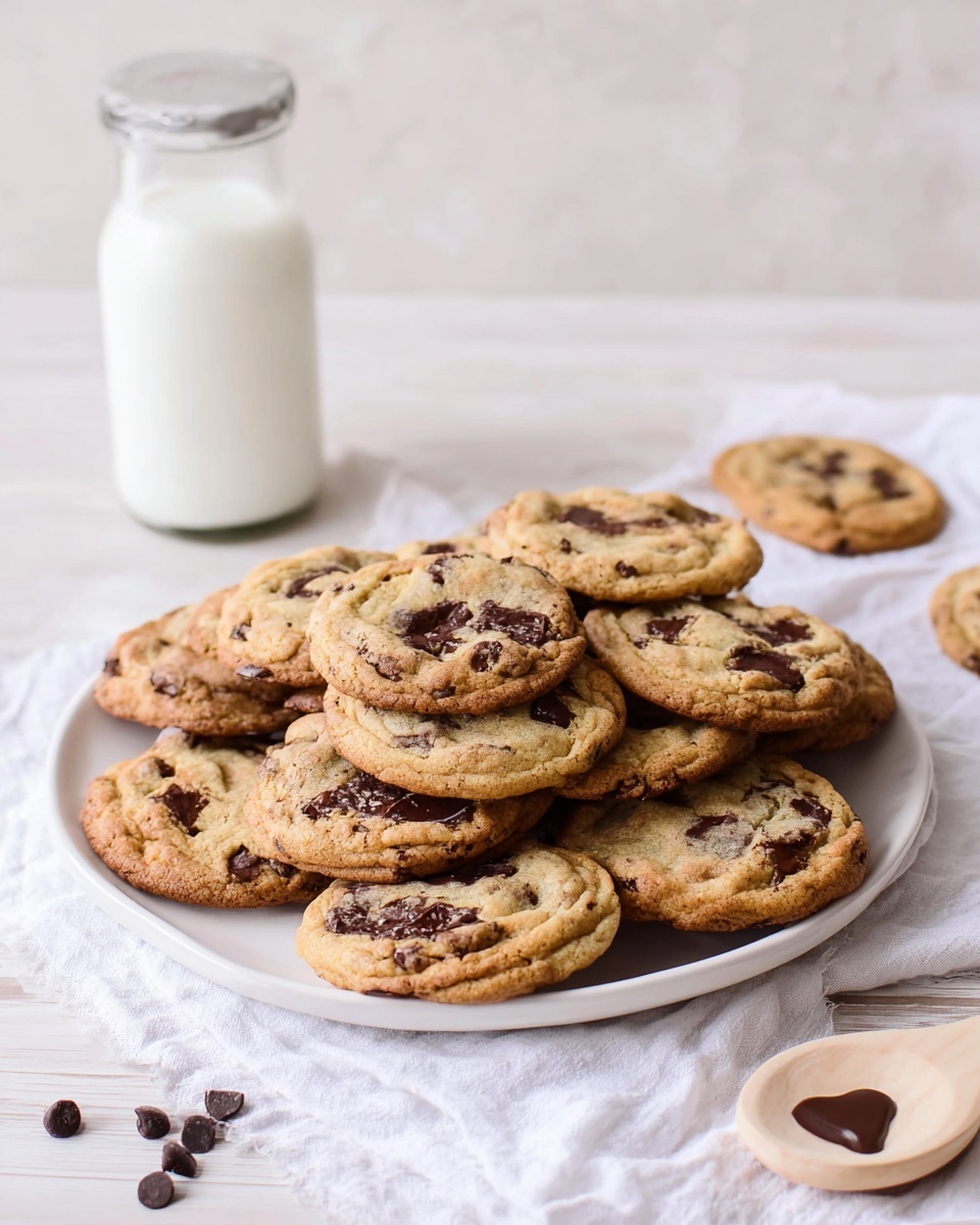 A white round plate filled with about fifteen chocolate chip cookies stacked in layers, each cookie golden brown with visible dark chocolate chunks spread unevenly on the top surface, arranged on a white marbled textured table with a soft white cloth underneath the plate. To the left behind the plate is a glass bottle of milk with a silver lid. There are a few chocolate chips scattered on the white marbled surface near the plate. To the right behind the plate is a light wooden spoon with a heart shape cutout. The photo taken with an iphone --ar 4:5 --v 7
