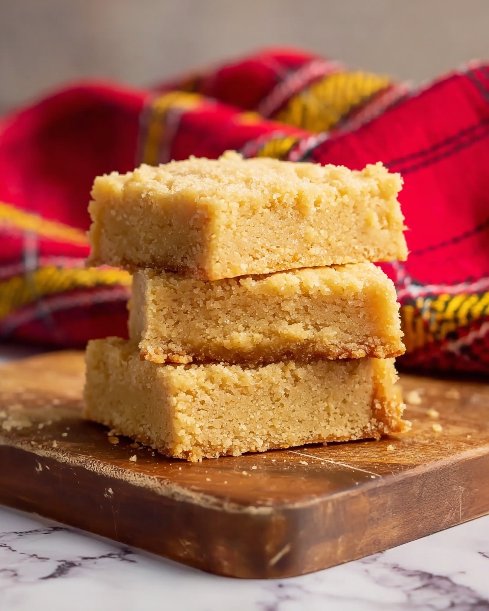 The image shows three thick, golden-yellow bars stacked on top of each other on a wooden board. Each bar has a crumbly, sandy texture with rough edges and slightly browned corners, showing a soft yet firm consistency. The background is blurred but features a vibrant red fabric with yellow and black stripes. The surface beneath the board has a white marbled texture. photo taken with an iphone --ar 4:5 --v 7