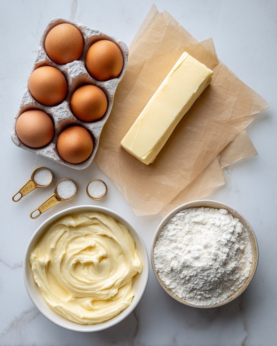 The image shows ingredients arranged on a white marbled surface. There are five brown eggs placed in a white carton with one empty spot visible. Next to the eggs is a rectangular stick of pale yellow butter resting on a piece of light brown parchment paper. Below the butter is a white bowl filled with creamy light yellow custard that has a smooth texture with slight swirls on the surface. To the left of the bowl are two small gold measuring spoons filled with white powders, placed side by side. Below these spoons is a larger gold measuring cup filled with white flour. The layout is neat and well-lit, showing a clean and simple kitchen setup. photo taken with an iphone --ar 4:5 --v 7