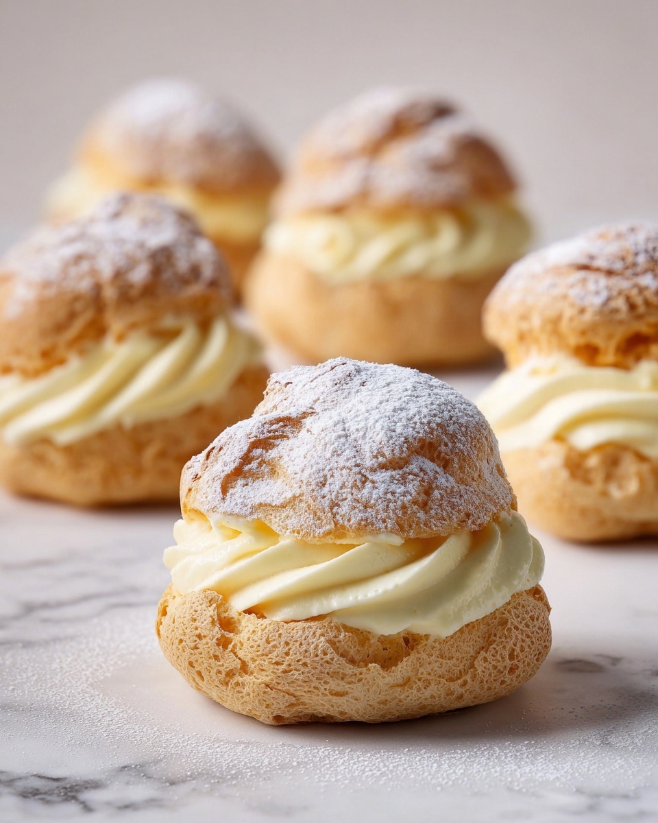 The image shows five cream puffs arranged on a white marbled surface. Each cream puff has two layers: a golden-brown choux pastry base with a textured, slightly cracked surface and a top part dusted with powdered sugar. The middle layer between the pastry halves is filled with smooth, pale yellow cream that is thick and swirled, slightly overflowing around the edges. The foreground cream puff is in focus, showing clear details of the cream and powdered sugar, while the others are softly blurred in the background. photo taken with an iphone --ar 4:5 --v 7