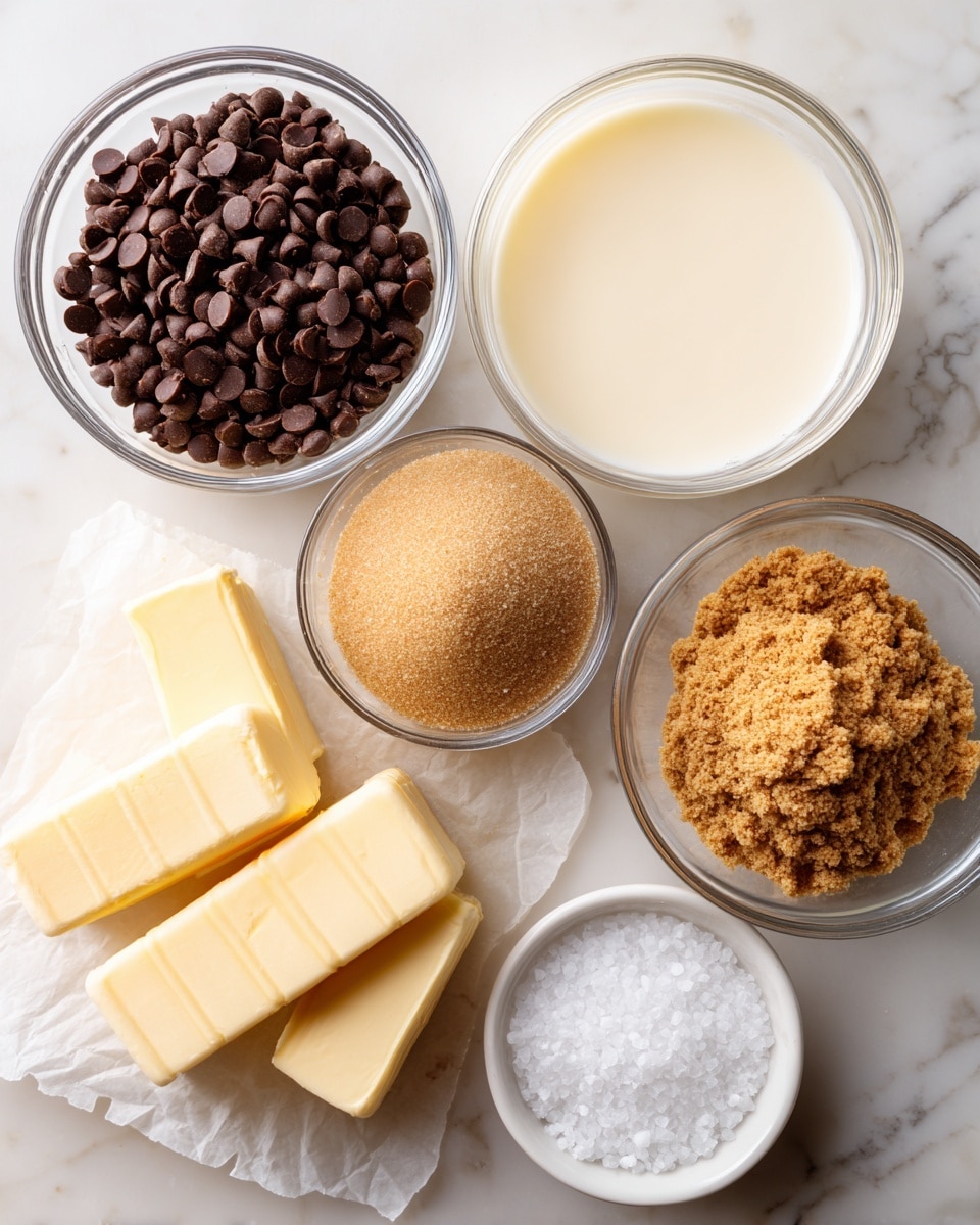 The image shows seven ingredients neatly arranged on a white marbled surface. There is a clear glass bowl filled with dark brown chocolate chips in the top left, next to a similar bowl containing smooth, creamy pale yellow condensed milk. Below, two sticks of light yellow butter rest on a piece of parchment paper. Near the center, there's a small glass bowl with light brown soft brown sugar and a larger clear bowl filled with finely ground pale brown graham cracker crumbs. On the top right, a small white bowl holds coarse white salt crystals. All items are placed in a clean, organized way with a bright natural light highlighting their textures and colors. Photo taken with an iphone --ar 4:5 --v 7