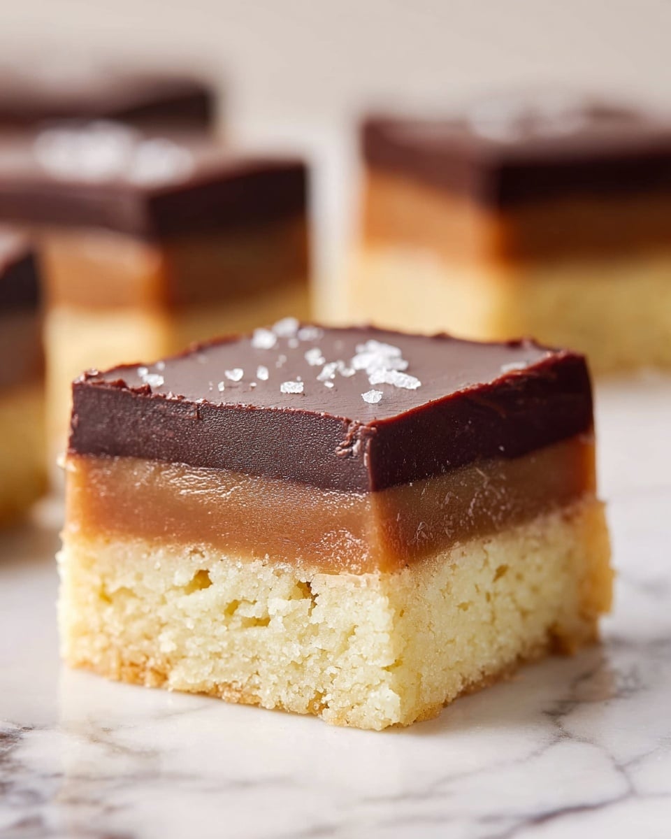 A close-up view of a square dessert bar shows three clear layers stacked neatly. The bottom layer is a thick, pale yellow, soft and crumbly shortbread base with small holes and a slightly uneven texture. Above it is a smooth middle layer of light caramel brown, firm but slightly glossy. The top layer is a dark chocolate brown firm ganache with a smooth surface, decorated with a few small white salt crystals. The dessert pieces in the background are blurred softly against a white marbled surface. photo taken with an iphone --ar 4:5 --v 7