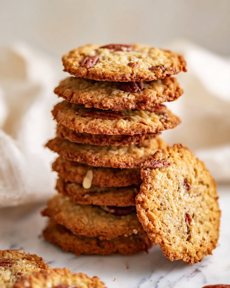 A tall stack of golden brown oatmeal cookies with pecan pieces scattered on top and inside each cookie stands on a white marbled surface. One cookie leans against the stack, showing a textured surface with visible oats and pecans. The cookies have a slightly crispy edge and a chewy center, with a warm, inviting color. The background is softly blurred with a light cream-colored fabric, adding a cozy feel to the scene. photo taken with an iphone --ar 4:5 --v 7