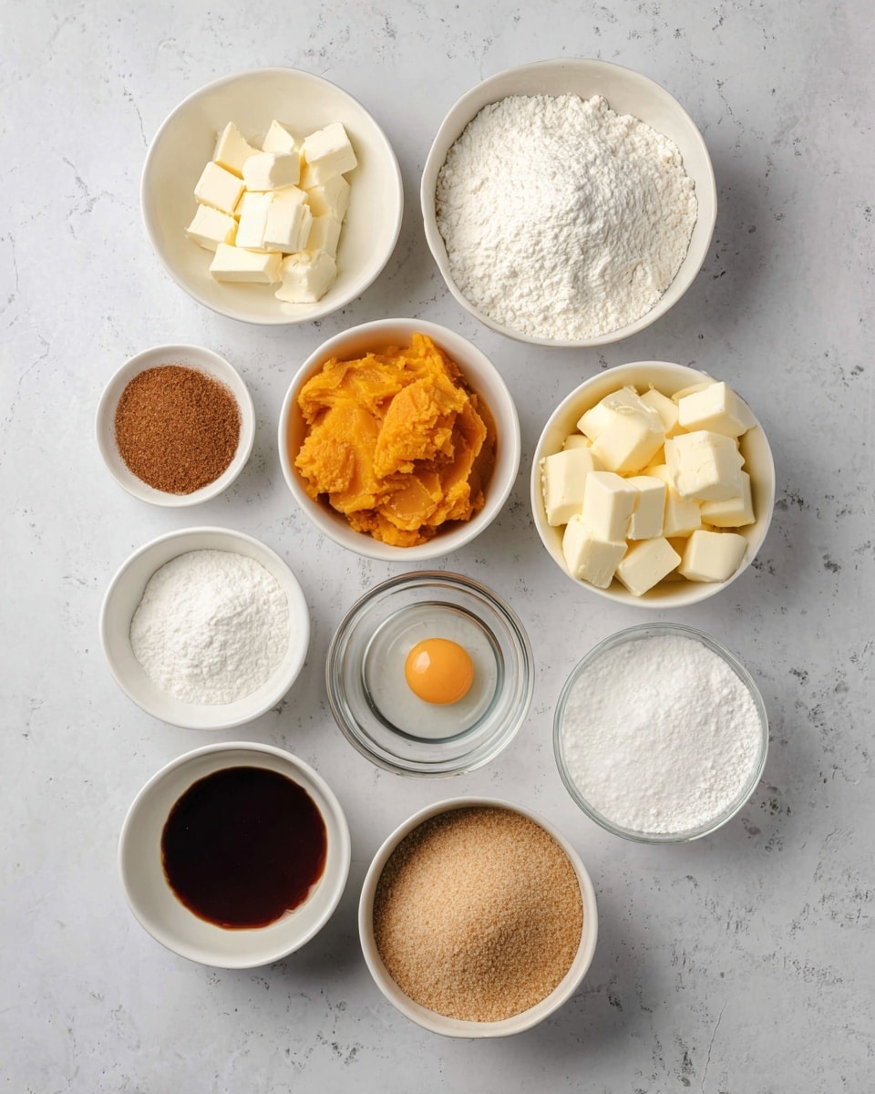 The image shows nine white bowls with different baking ingredients on a white marbled surface. The top bowl is filled with white flour, next to it on the right is a bowl of white sugar. Below the flour is a bowl with light yellow butter cubes, and next to that is a bowl with orange pumpkin puree. In the center is a small clear bowl with one raw egg yolk and white inside. To the left of that is a small bowl with a brown powder, likely spices. Below that is a small bowl of white baking powder and baking soda. To the right of the baking powder is a small white bowl with dark brown vanilla extract, and on the bottom right is a clear bowl filled with light brown sugar. Everything is arranged neatly in a grid shape. Photo taken with an iphone --ar 4:5 --v 7